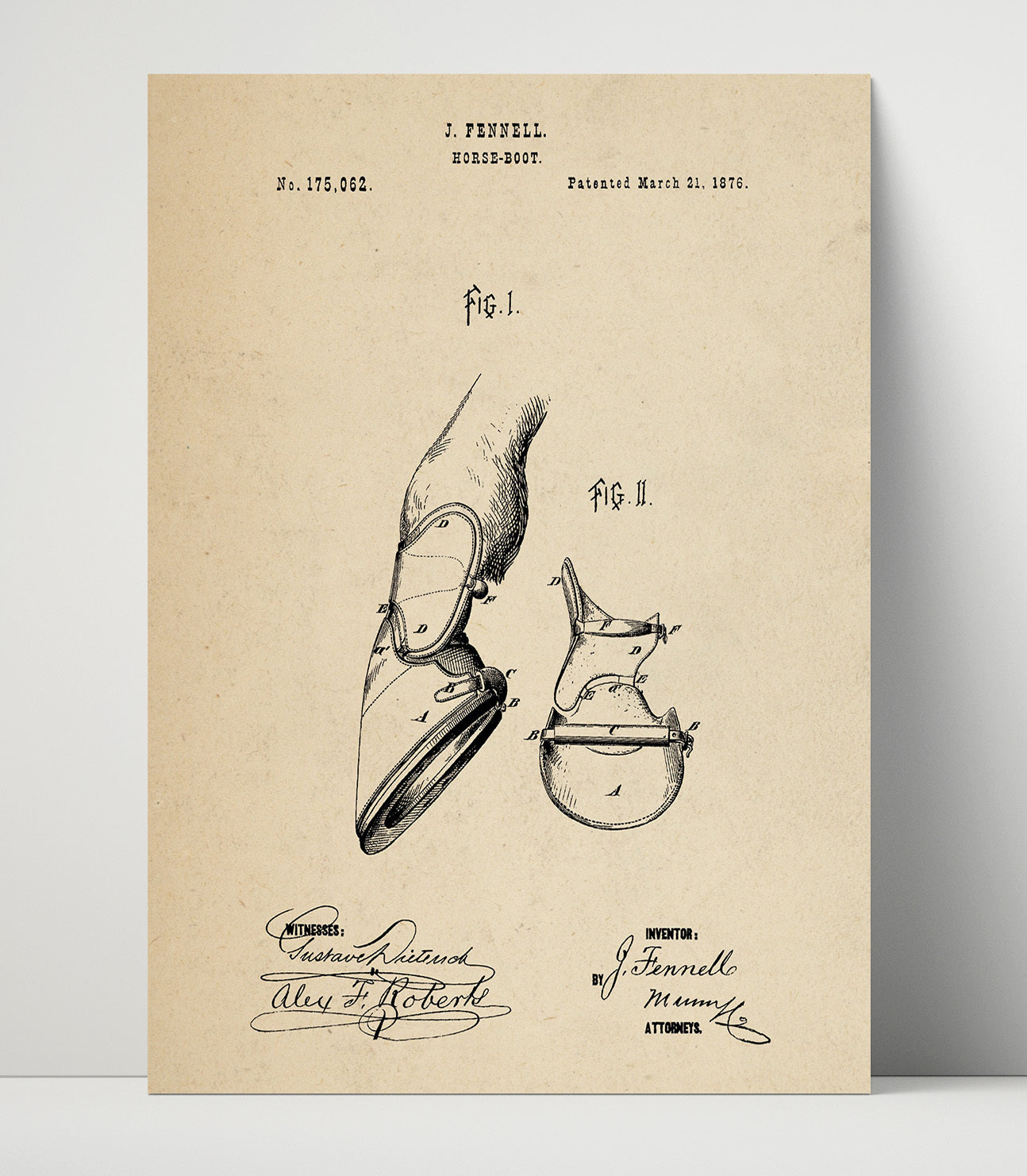 Patent Print - Horse Boot - J. Fennell - 1876 - Patent 175062 Patent Wall Art