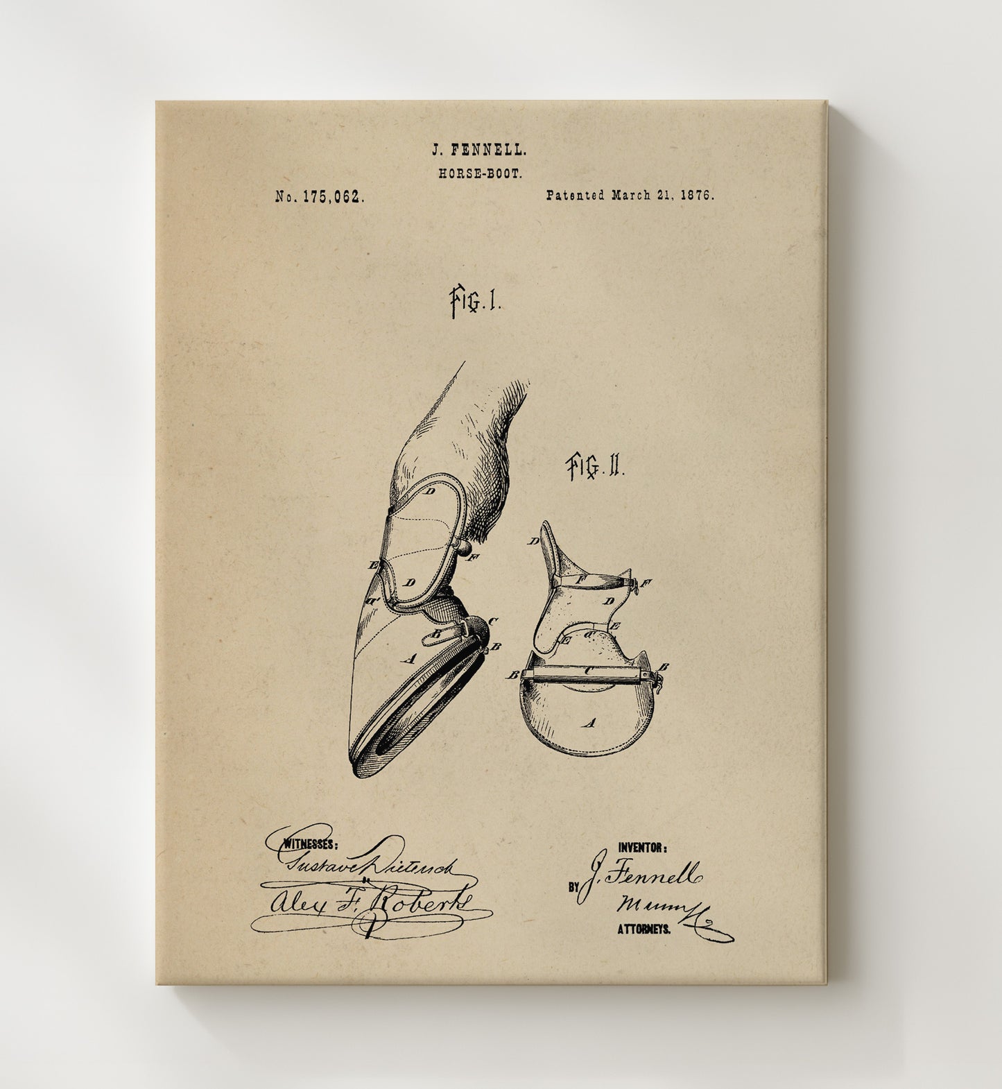Patent Print - Horse Boot - J. Fennell - 1876 - Patent 175062 Patent Wall Art