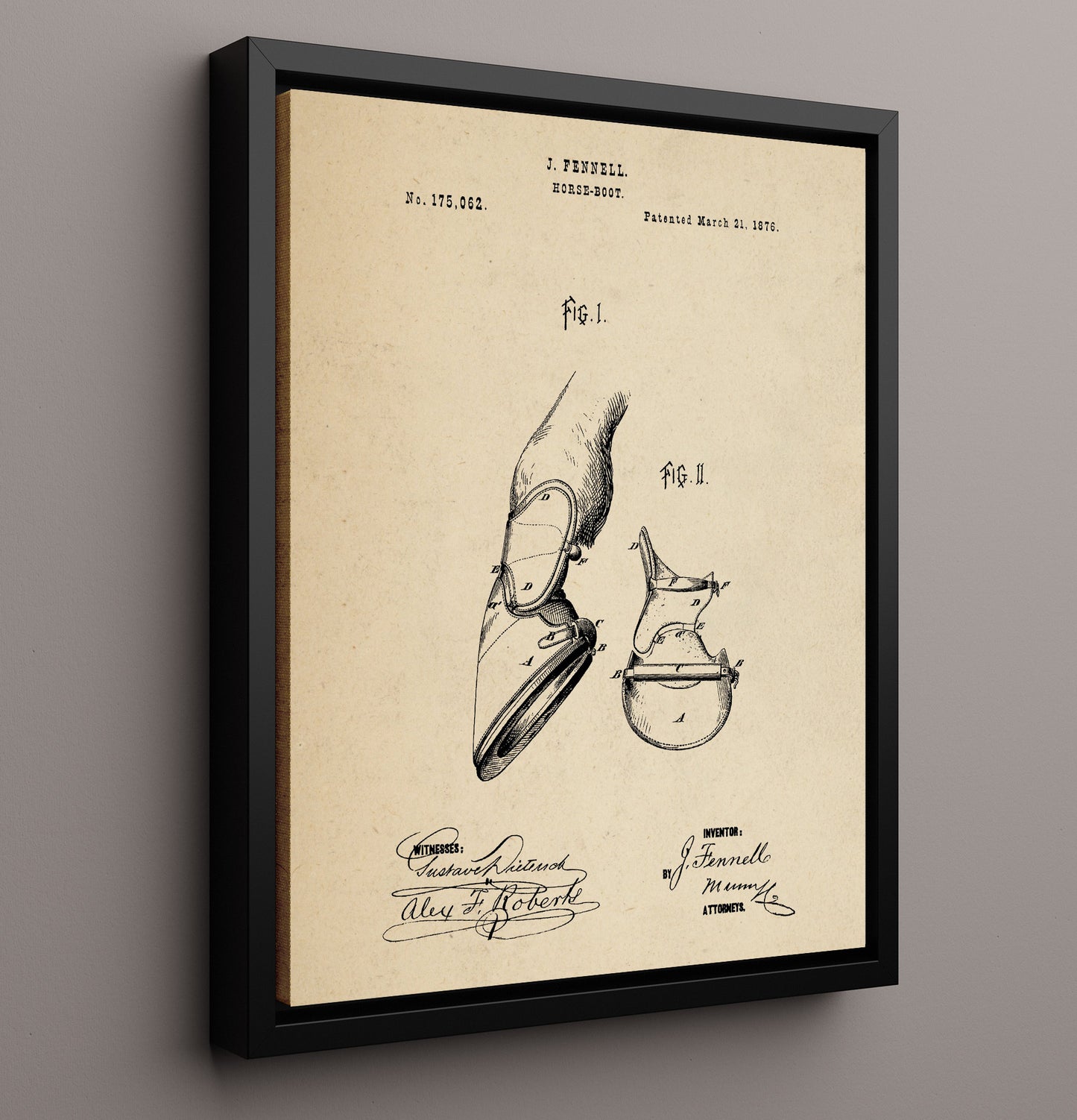 Patent Print - Horse Boot - J. Fennell - 1876 - Patent 175062 Patent Wall Art