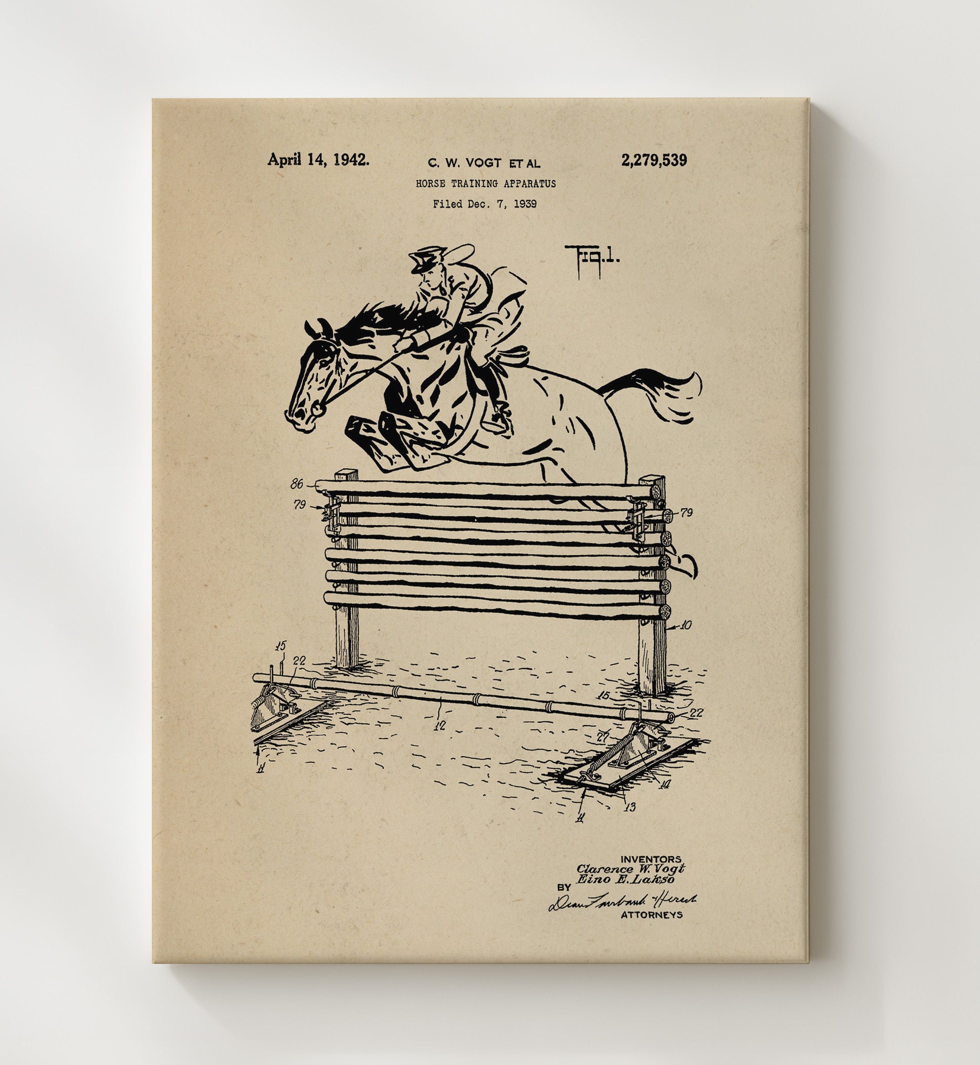 Patent Print - Horse Training Apparatus - Clarence W. Vogt - 1942 - Patent 2279539 Patent Wall Art
