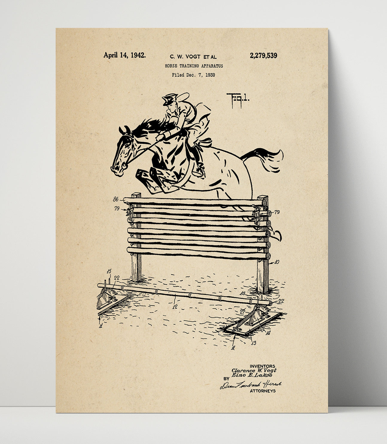 Patent Print - Horse Training Apparatus - Clarence W. Vogt - 1942 - Patent 2279539 Patent Wall Art