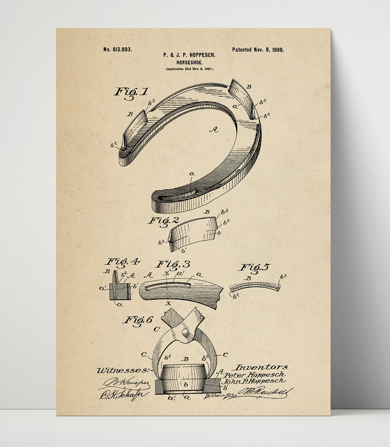 Patent Print - Horseshoe - Peter And John P. Hoppesch - 1898 - Patent 613883 Patent Wall Art