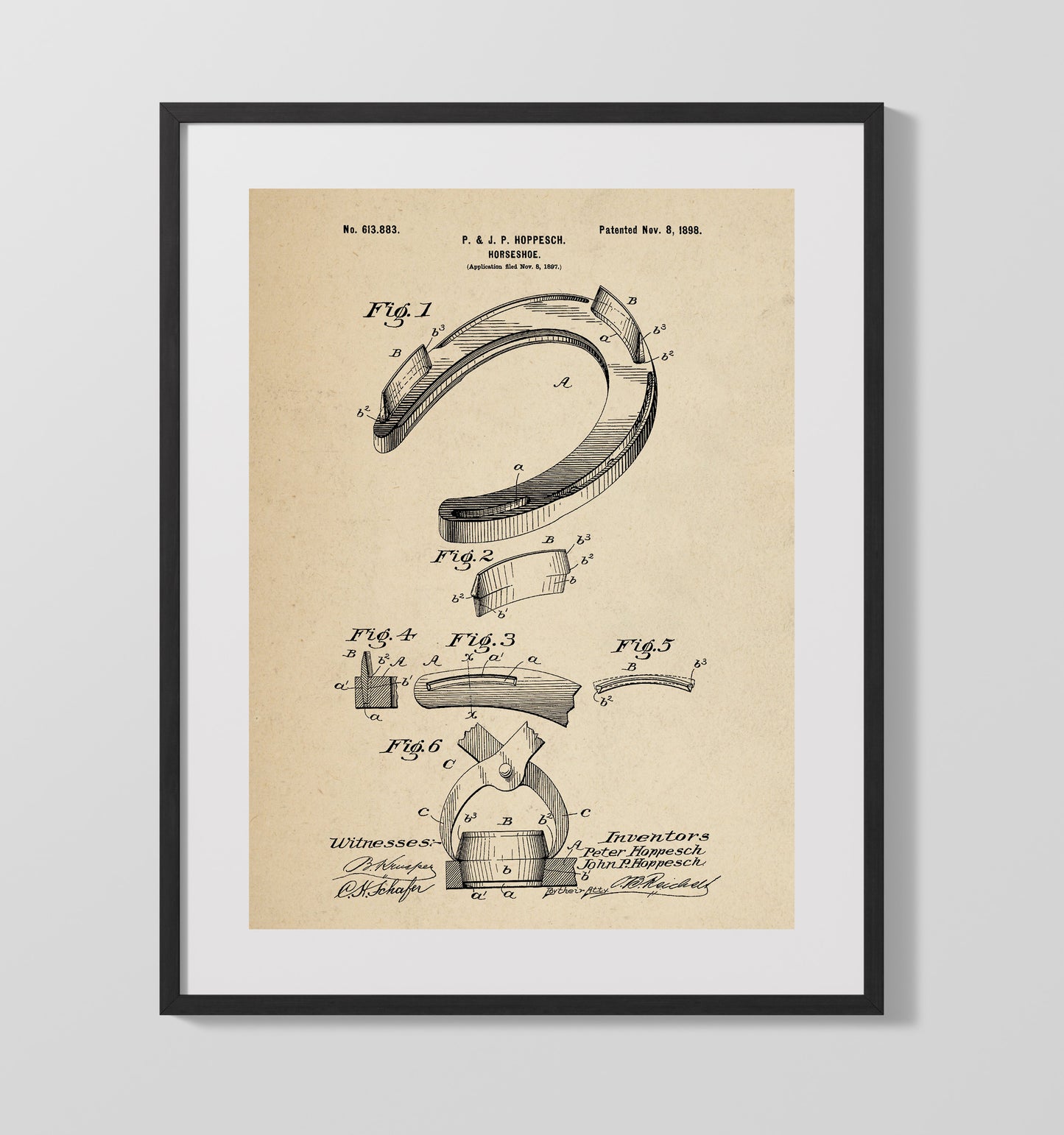 Patent Print - Horseshoe - Peter And John P. Hoppesch - 1898 - Patent 613883 Patent Wall Art