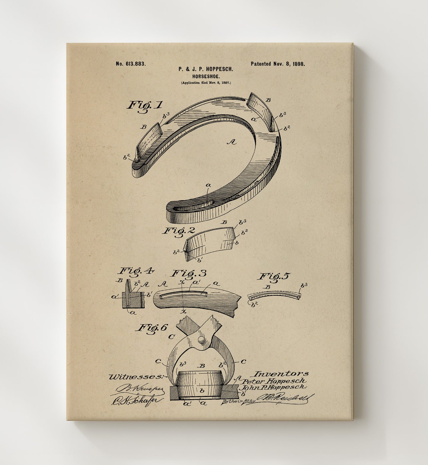 Patent Print - Horseshoe - Peter And John P. Hoppesch - 1898 - Patent 613883 Patent Wall Art