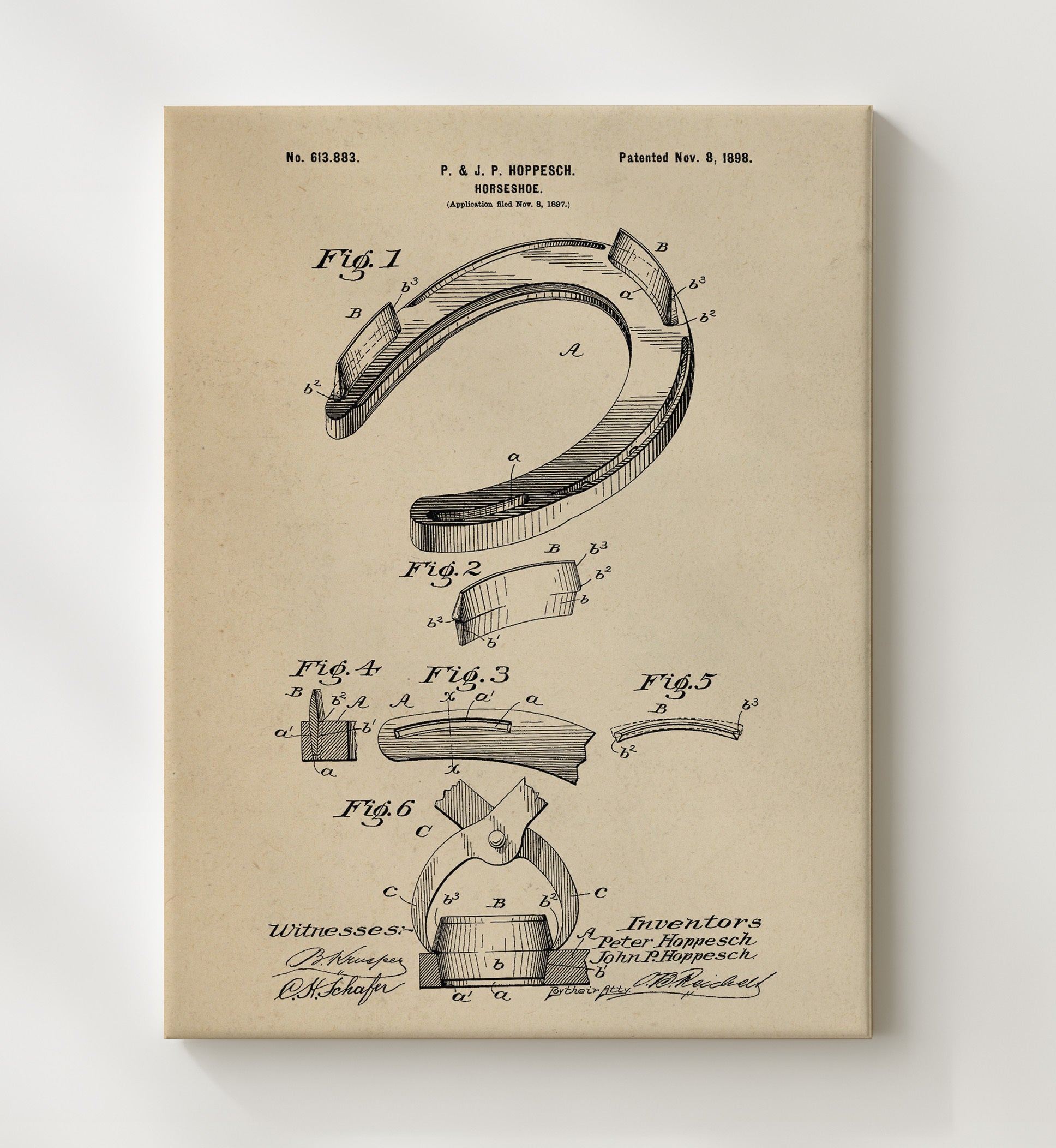 Patent Print - Horseshoe - Peter And John P. Hoppesch - 1898 - Patent 613883 Patent Wall Art