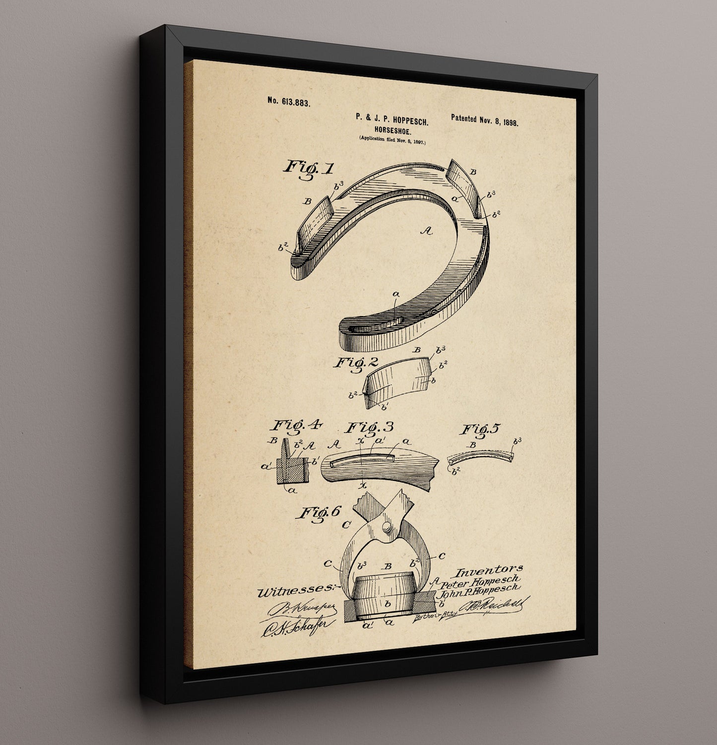 Patent Print - Horseshoe - Peter And John P. Hoppesch - 1898 - Patent 613883 Patent Wall Art
