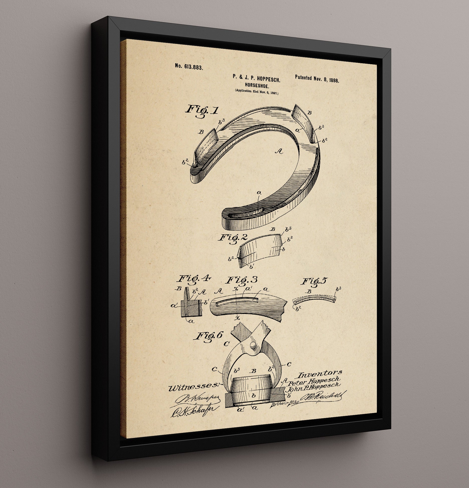 Patent Print - Horseshoe - Peter And John P. Hoppesch - 1898 - Patent 613883 Patent Wall Art