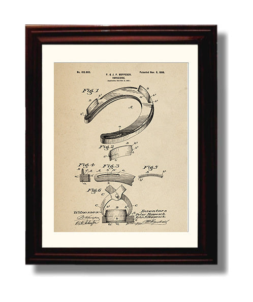 Patent Print - Horseshoe - Peter And John P. Hoppesch - 1898 - Patent 613883 Patent Wall Art