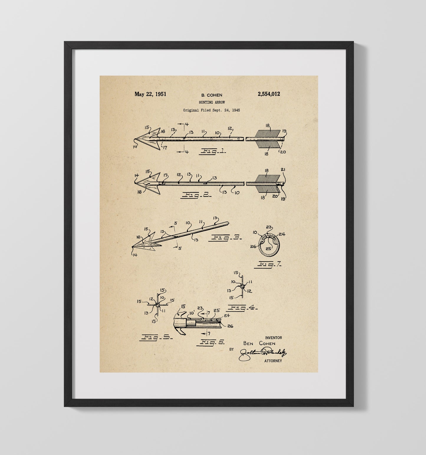 Patent Print - Hunting Arrow - Ben Cohen - 1951 - Patent 2554012 Patent Wall Art
