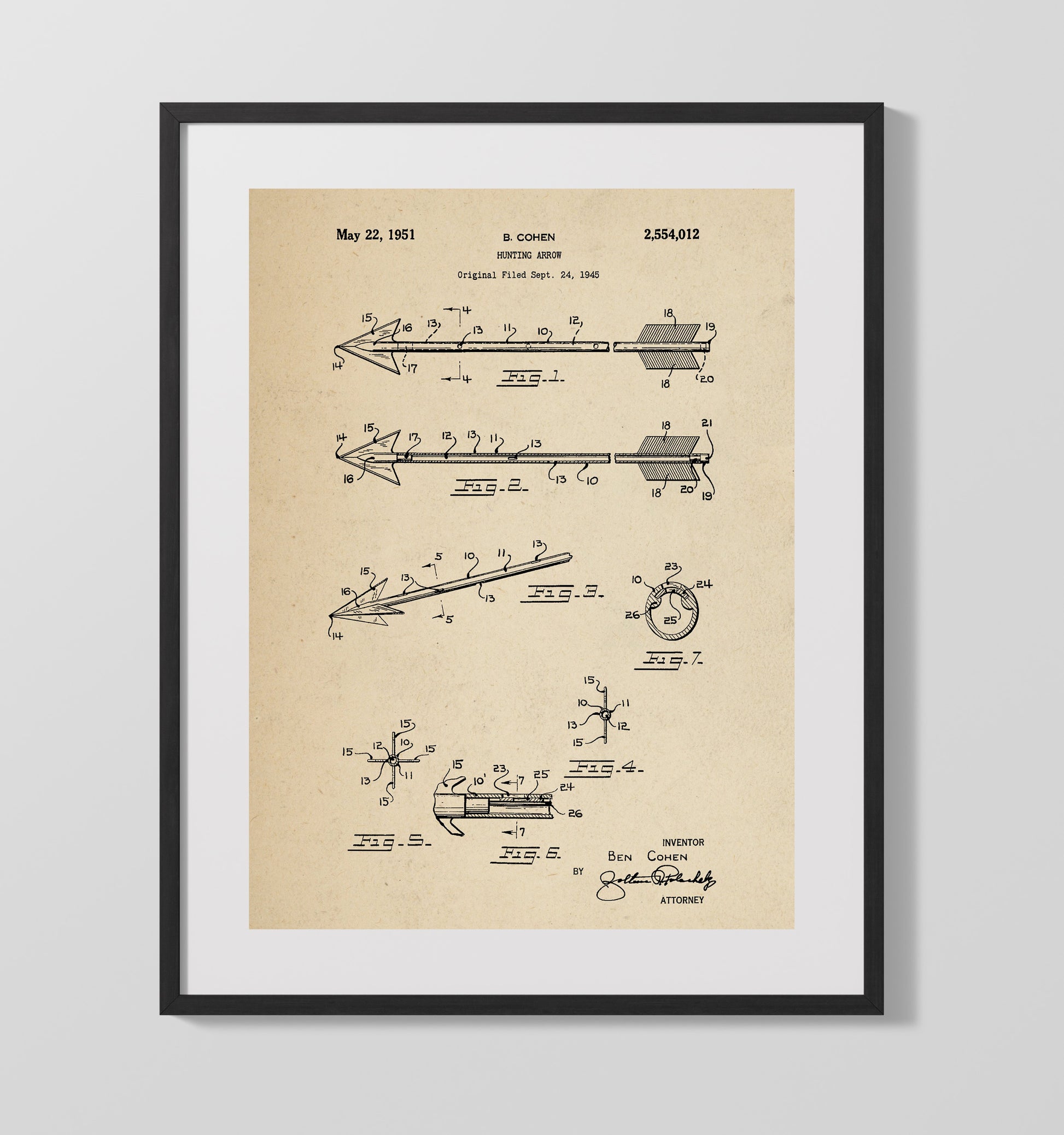 Patent Print - Hunting Arrow - Ben Cohen - 1951 - Patent 2554012 Patent Wall Art