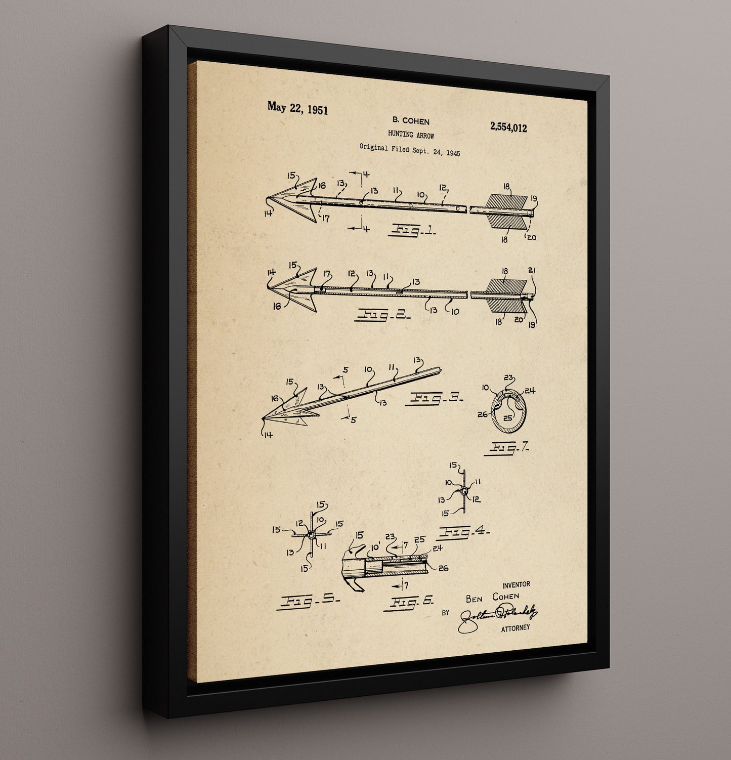 Patent Print - Hunting Arrow - Ben Cohen - 1951 - Patent 2554012 Patent Wall Art