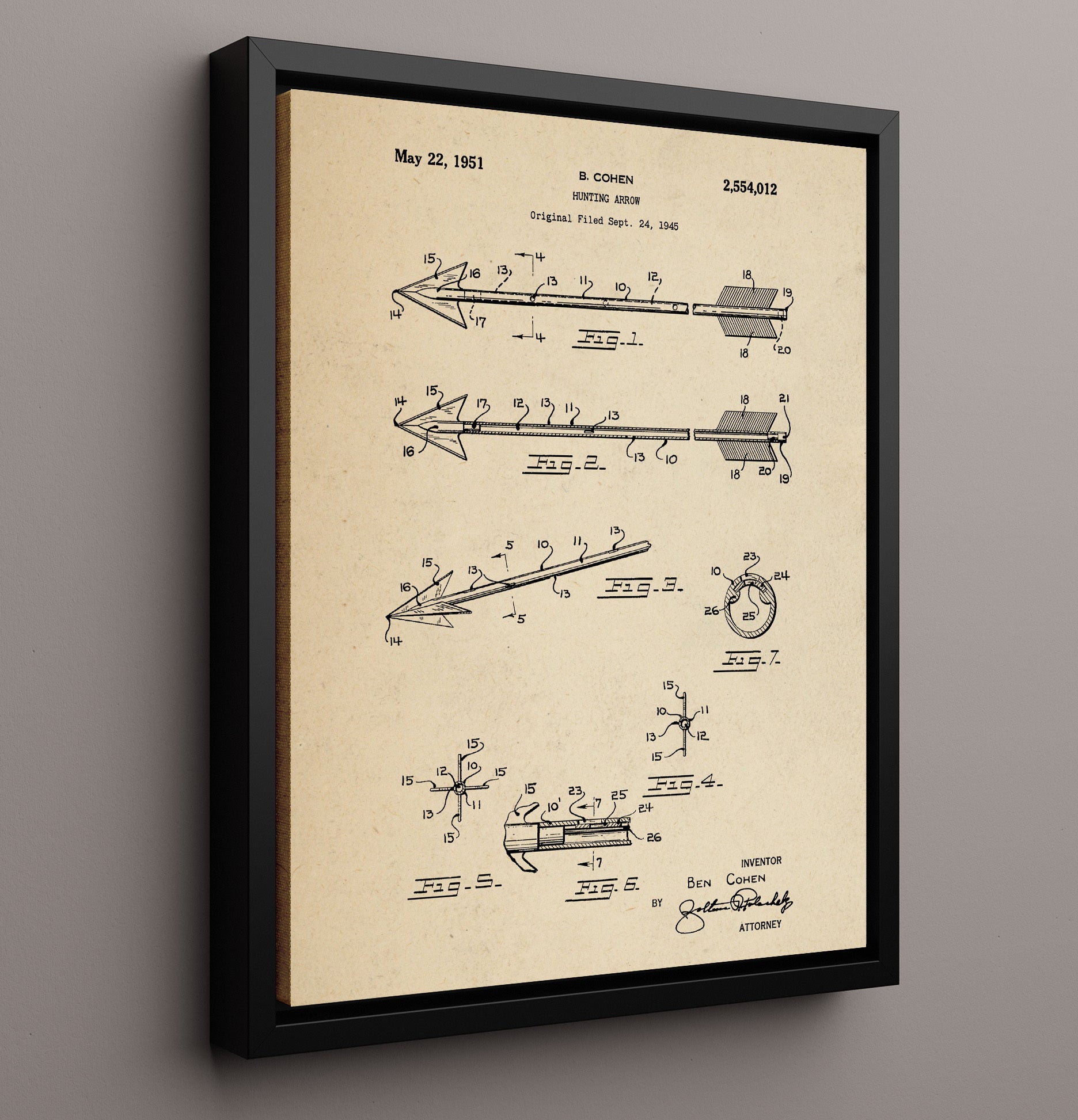 Patent Print - Hunting Arrow - Ben Cohen - 1951 - Patent 2554012 Patent Wall Art