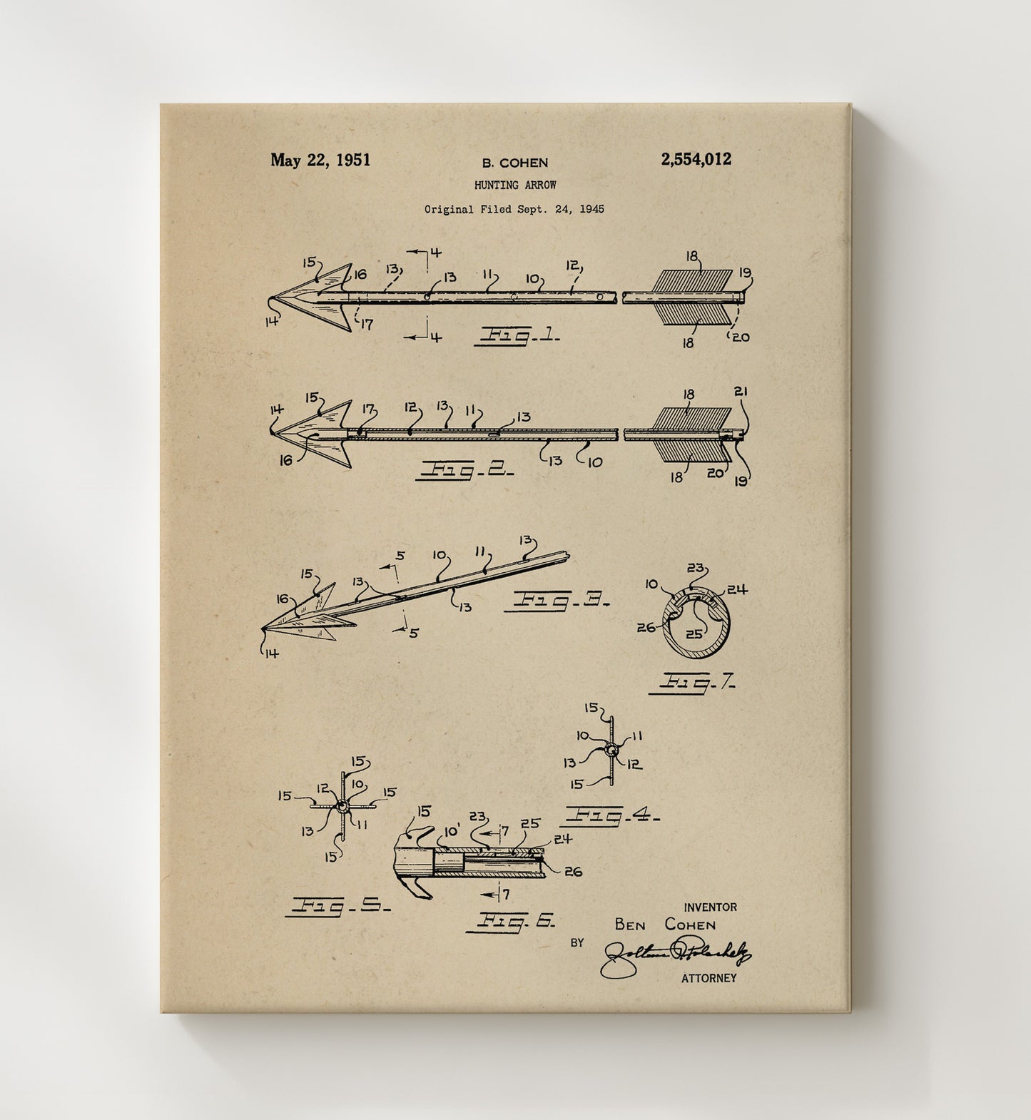 Patent Print - Hunting Arrow - Ben Cohen - 1951 - Patent 2554012 Patent Wall Art