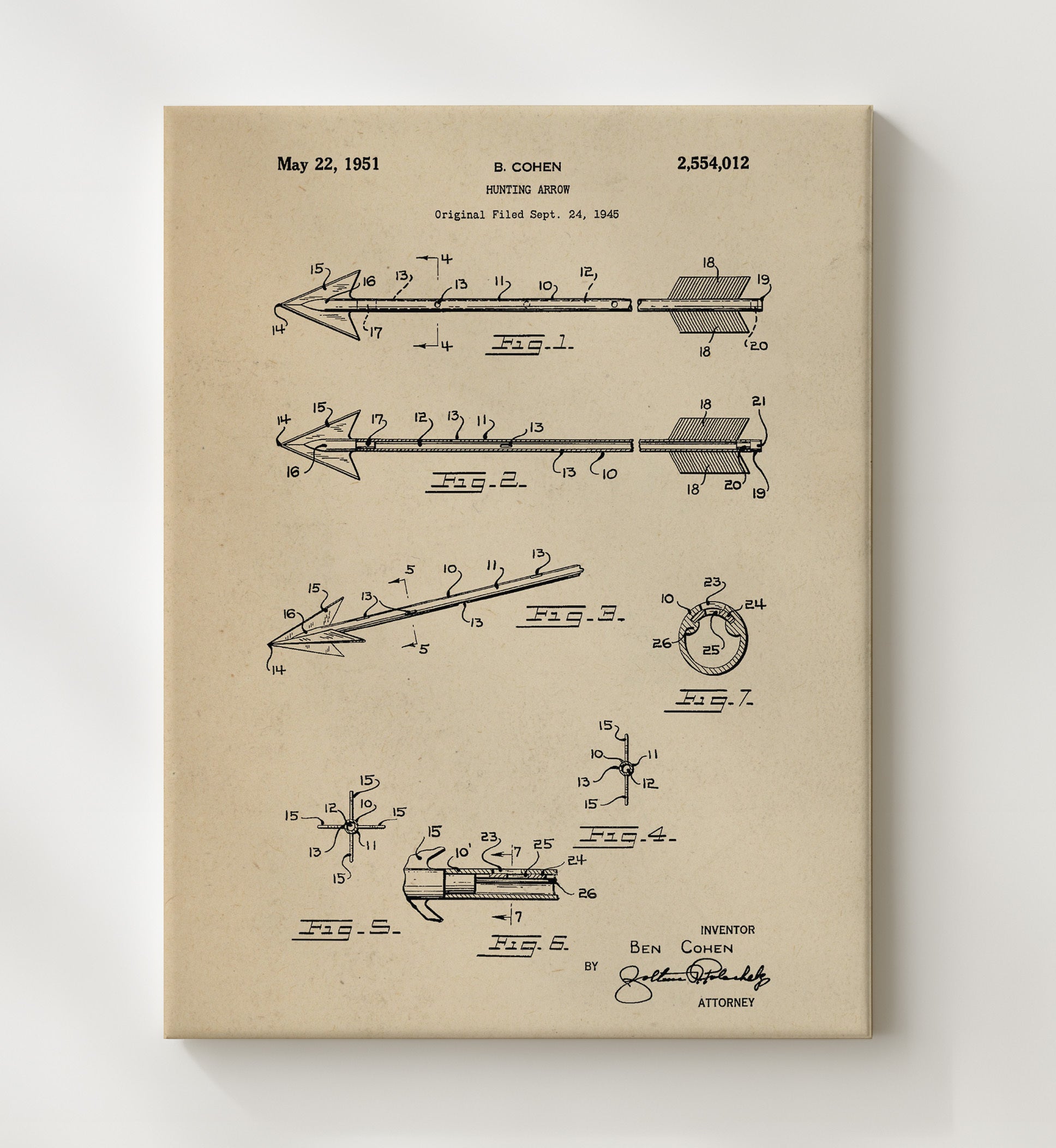 Patent Print - Hunting Arrow - Ben Cohen - 1951 - Patent 2554012 Patent Wall Art