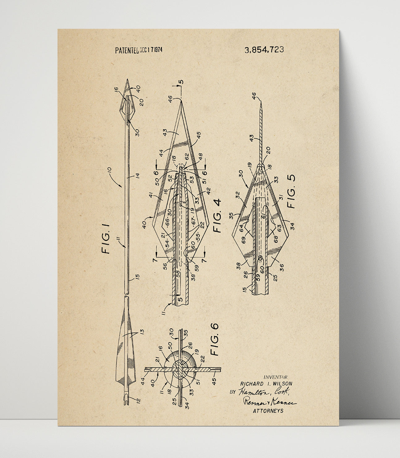 Patent Print - Hunting Arrow - Richard I. Wilson - 1974 - Patent 3854723 Patent Wall Art