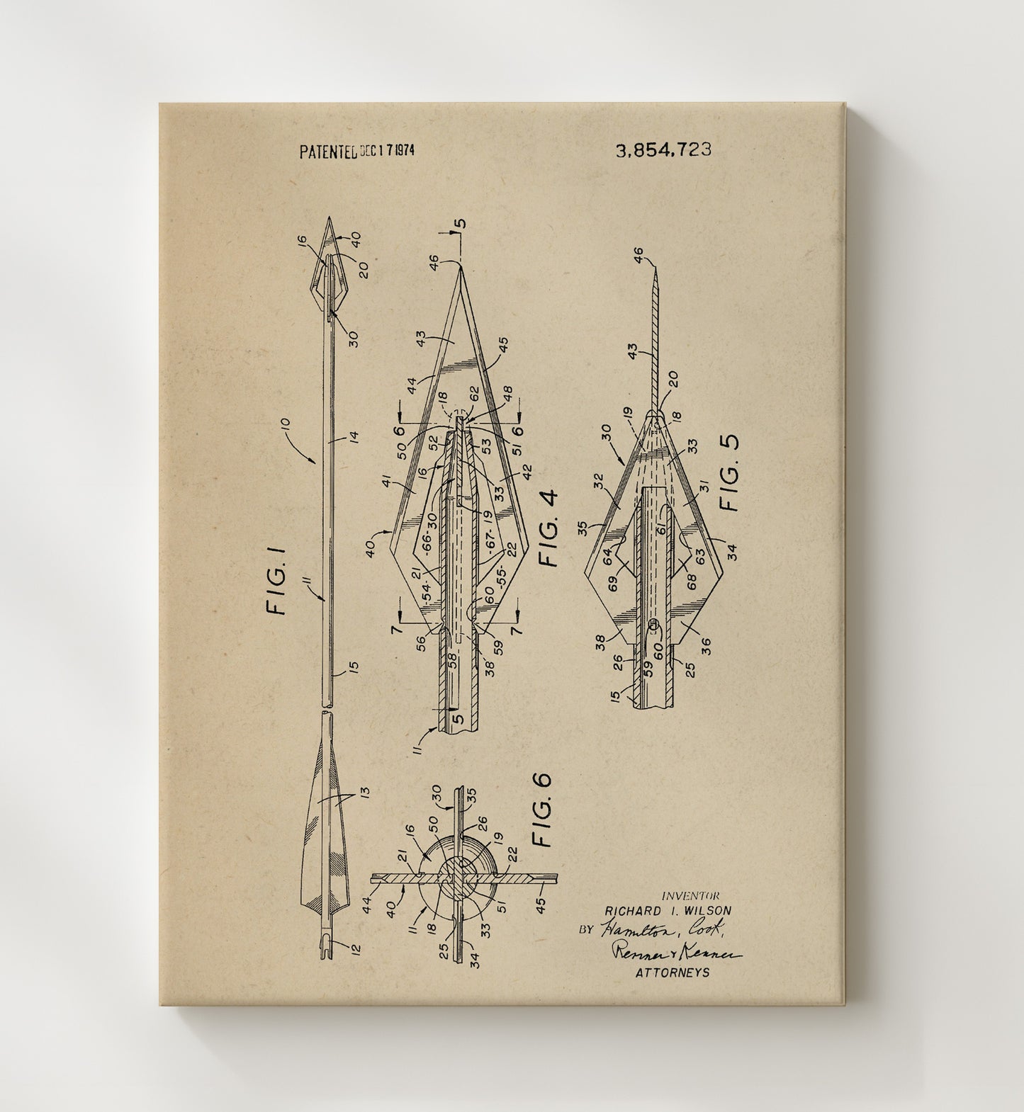 Patent Print - Hunting Arrow - Richard I. Wilson - 1974 - Patent 3854723 Patent Wall Art