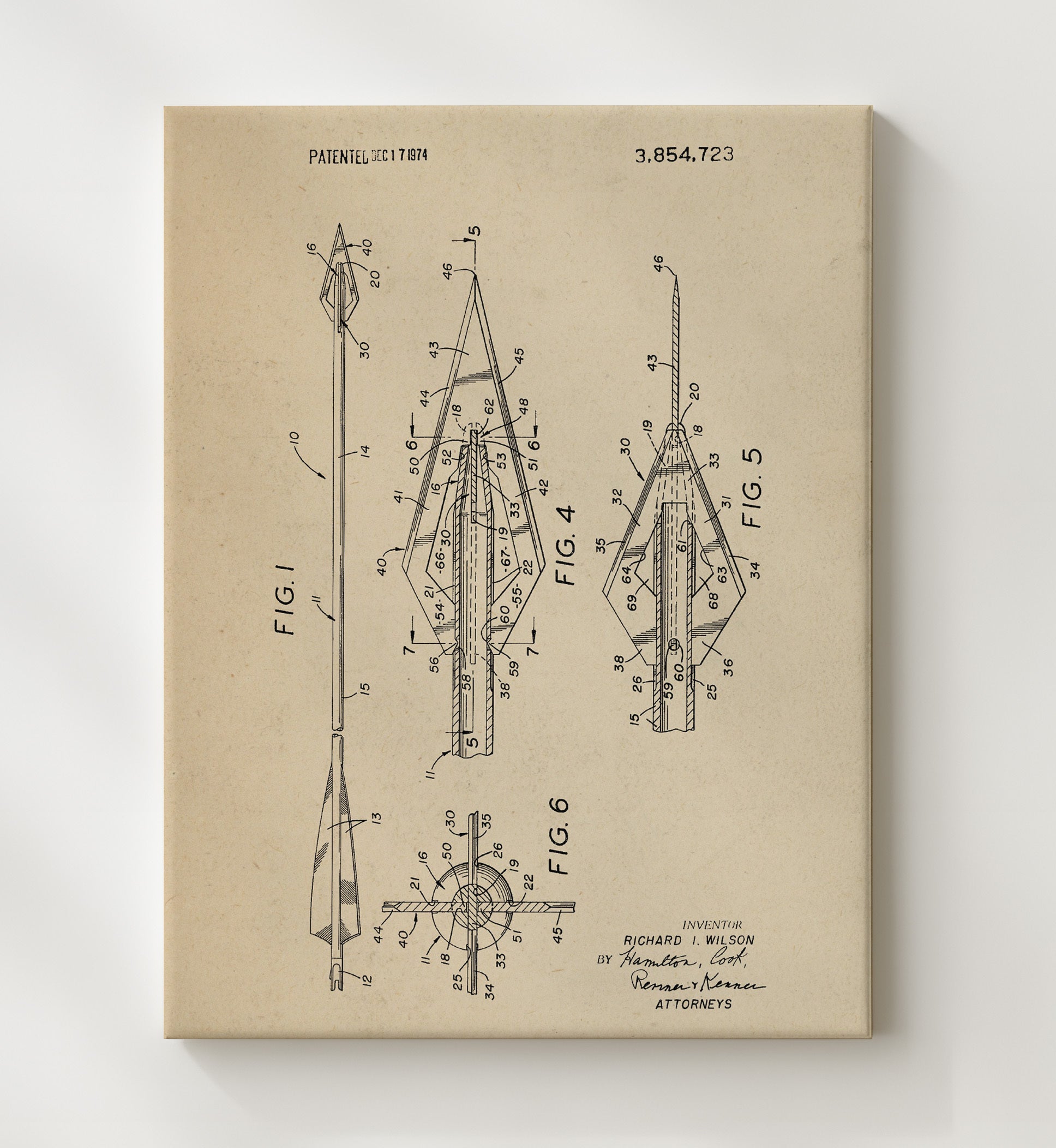 Patent Print - Hunting Arrow - Richard I. Wilson - 1974 - Patent 3854723 Patent Wall Art
