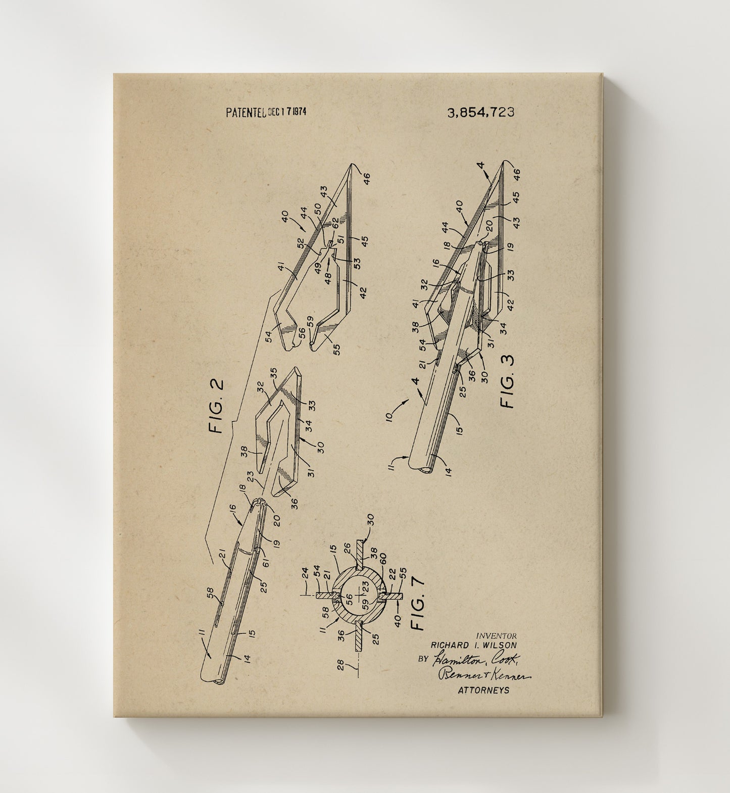 Patent Print - Hunting Arrow Mechanism - Richard I. Wilson - 1974 - Patent 3854723 Sheet 2 Patent Wall Art
