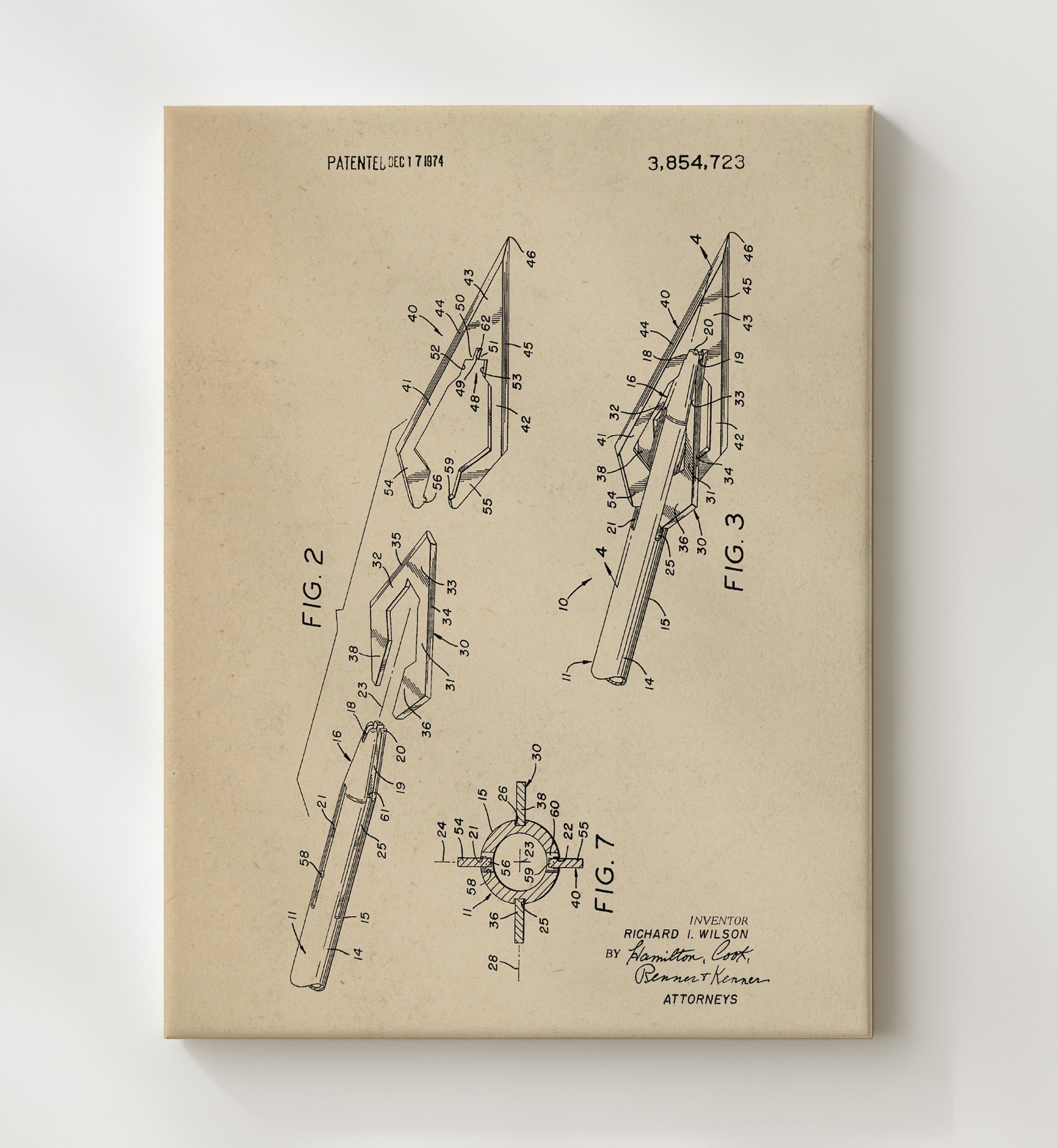 Patent Print - Hunting Arrow Mechanism - Richard I. Wilson - 1974 - Patent 3854723 Sheet 2 Patent Wall Art