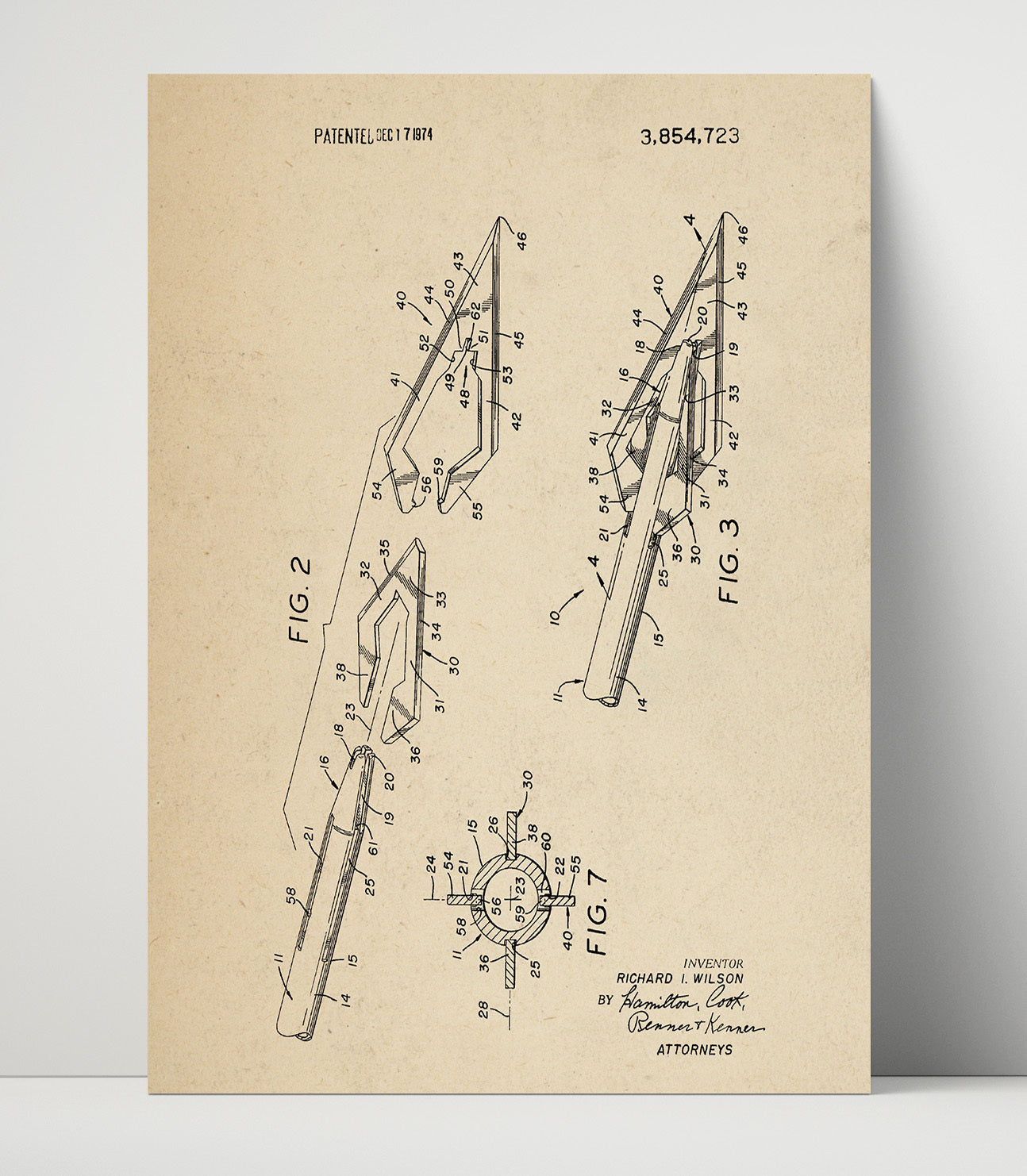 Patent Print - Hunting Arrow Mechanism - Richard I. Wilson - 1974 - Patent 3854723 Sheet 2 Patent Wall Art