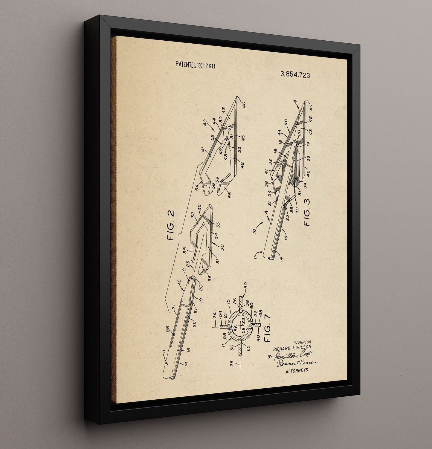 Patent Print - Hunting Arrow Mechanism - Richard I. Wilson - 1974 - Patent 3854723 Sheet 2 Patent Wall Art