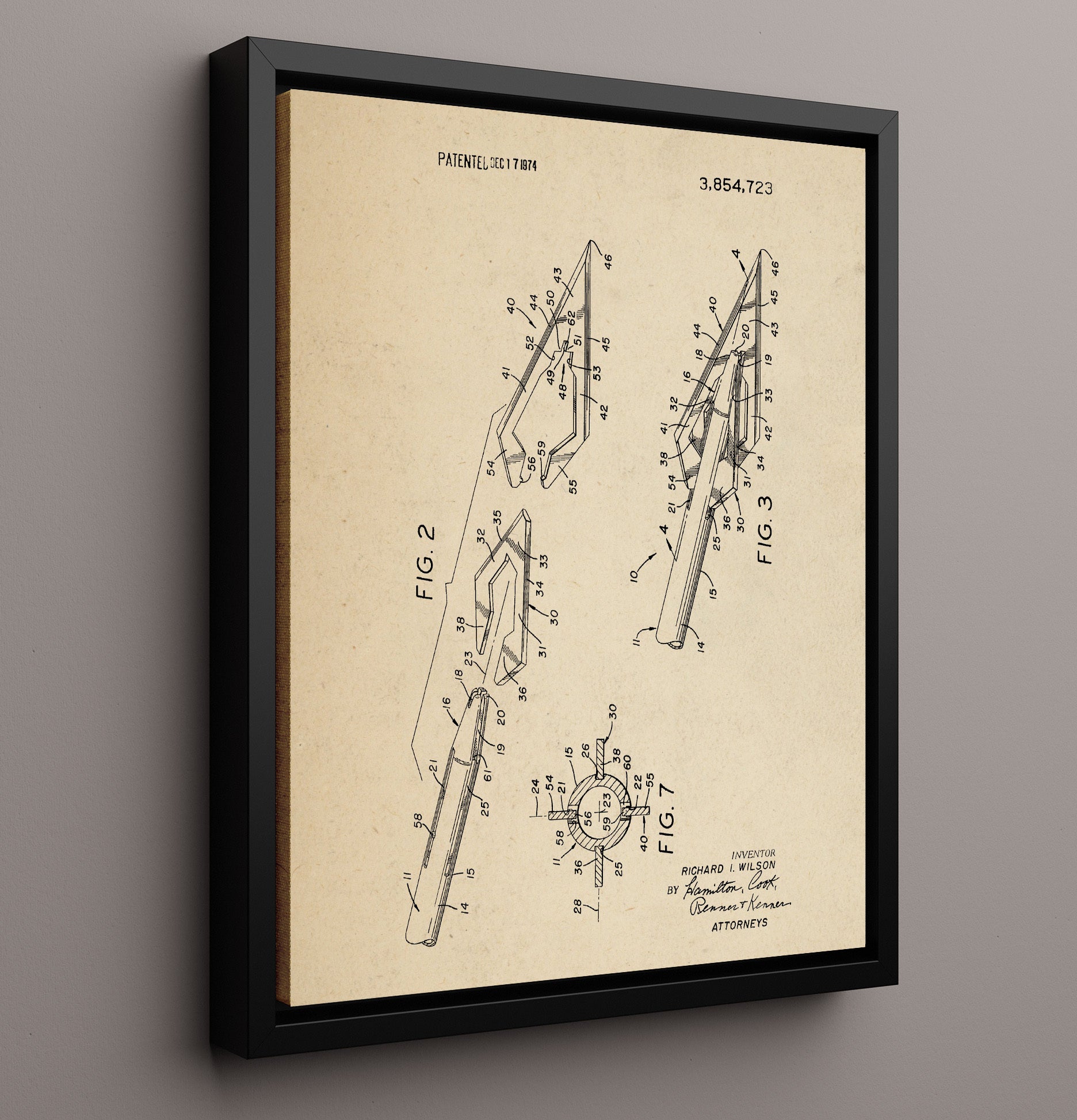 Patent Print - Hunting Arrow Mechanism - Richard I. Wilson - 1974 - Patent 3854723 Sheet 2 Patent Wall Art