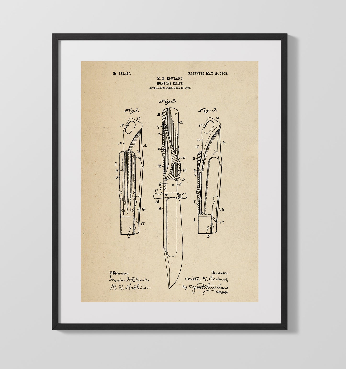 Patent Print - Hunting Knife - Milton H. Rowland - 1903 - Patent 728416 Patent Wall Art
