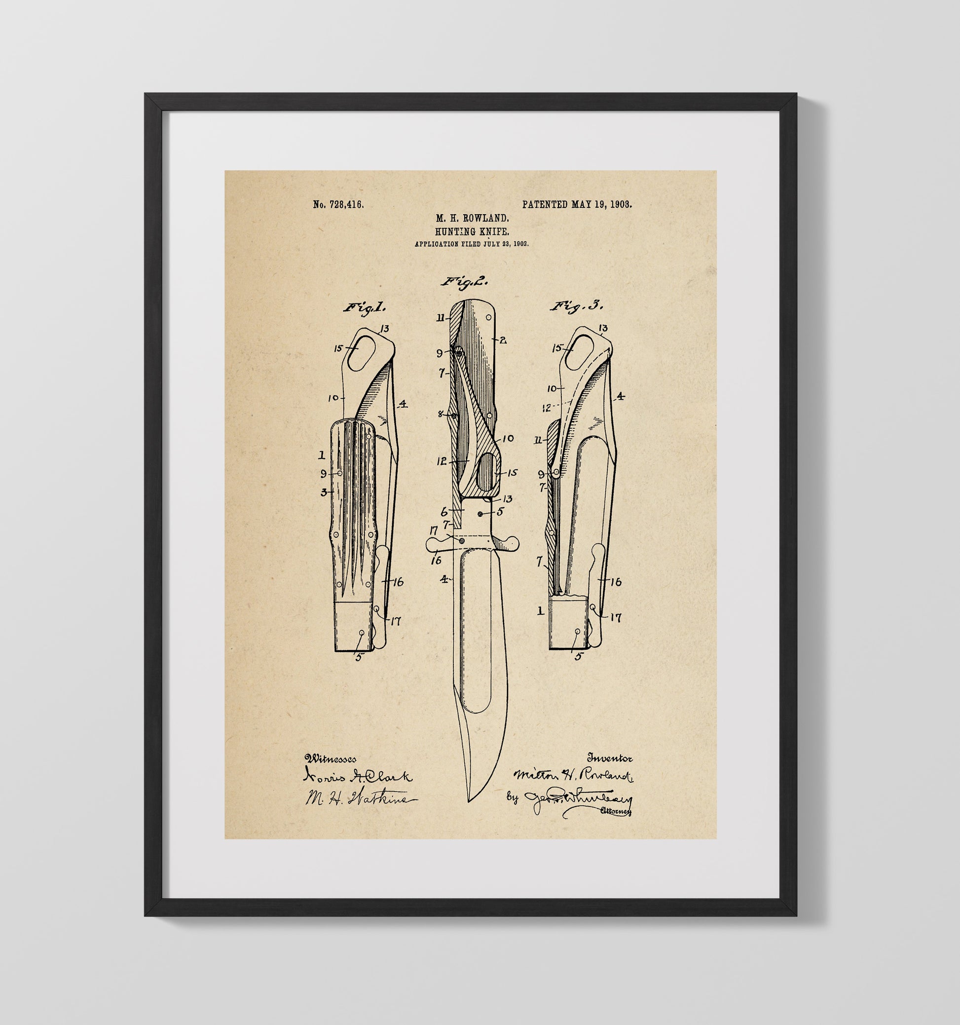 Patent Print - Hunting Knife - Milton H. Rowland - 1903 - Patent 728416 Patent Wall Art