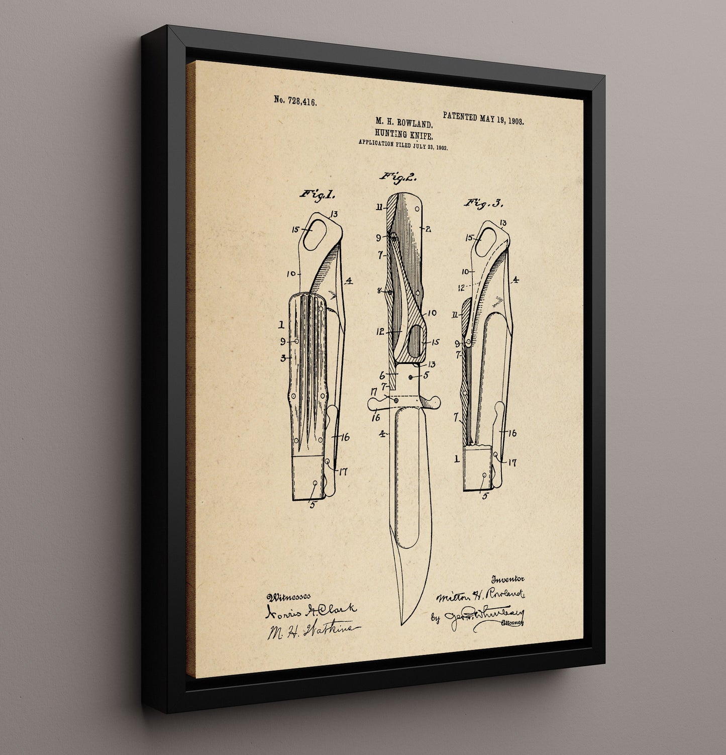 Patent Print - Hunting Knife - Milton H. Rowland - 1903 - Patent 728416 Patent Wall Art