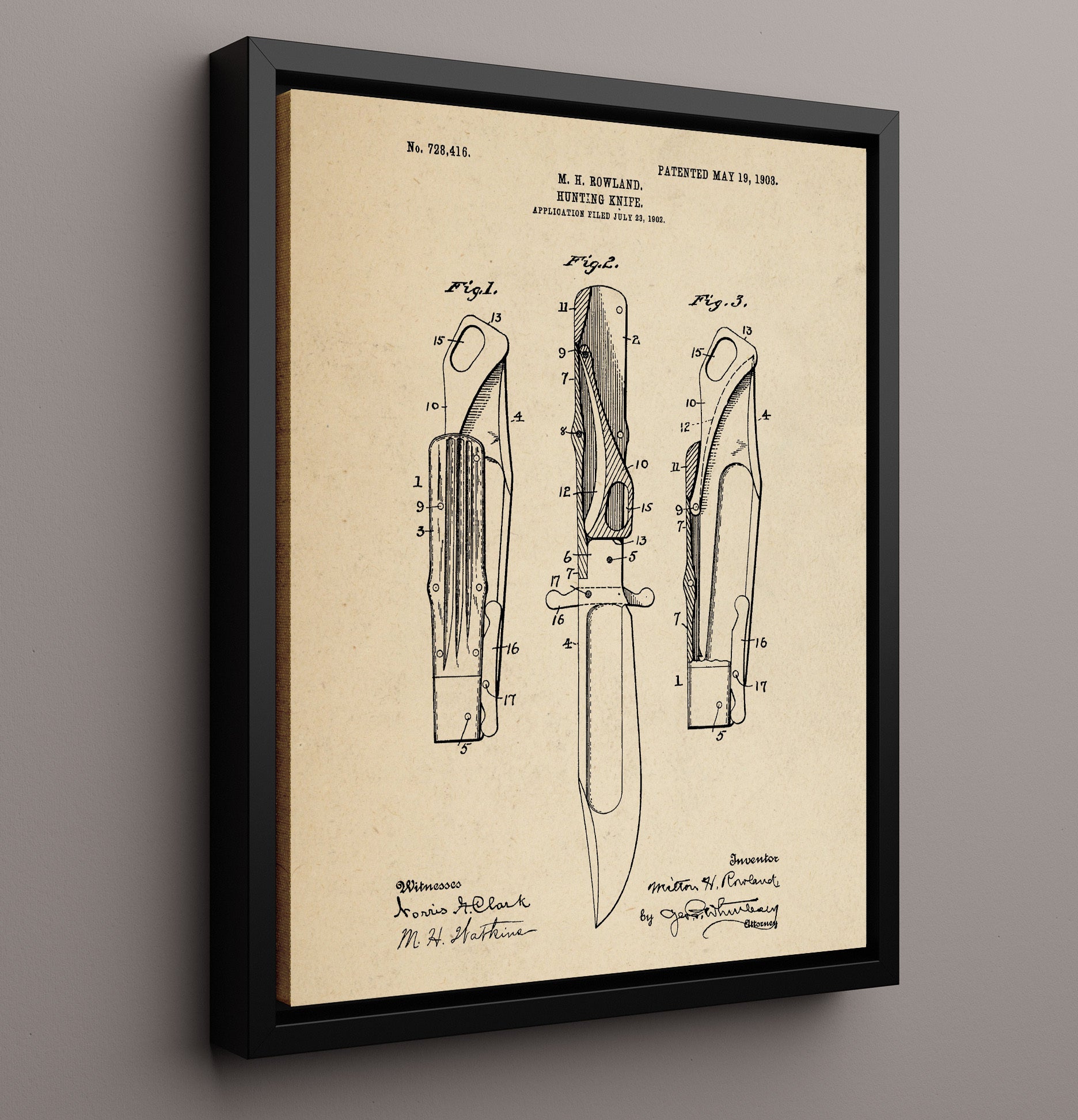 Patent Print - Hunting Knife - Milton H. Rowland - 1903 - Patent 728416 Patent Wall Art