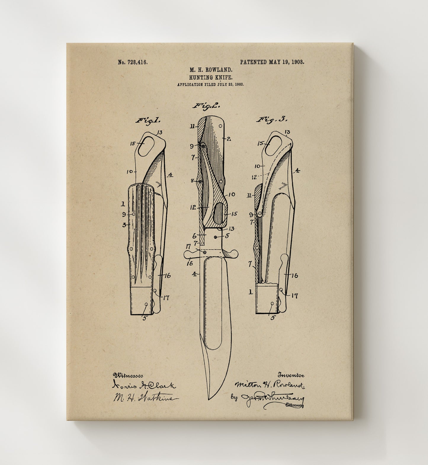 Patent Print - Hunting Knife - Milton H. Rowland - 1903 - Patent 728416 Patent Wall Art