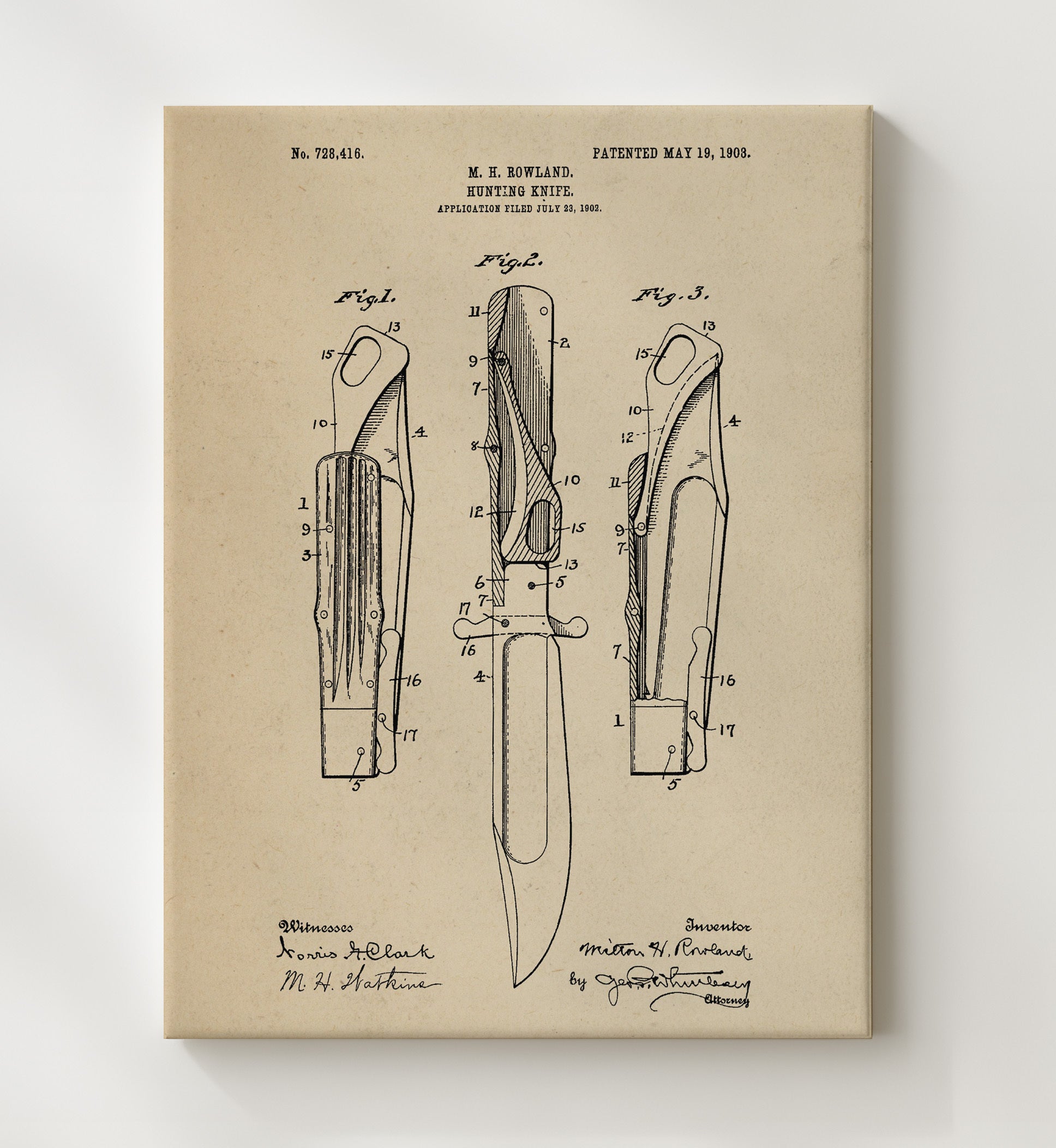 Patent Print - Hunting Knife - Milton H. Rowland - 1903 - Patent 728416 Patent Wall Art