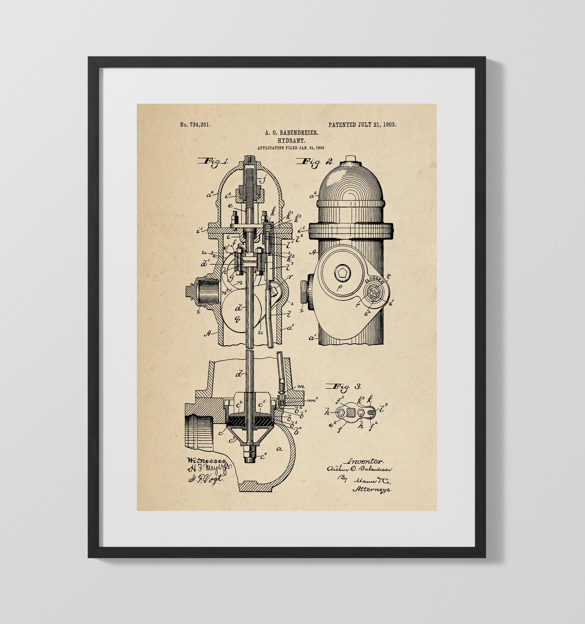 Patent Print - Hydrant - A. O. Babendreier - 1903 - Patent 734251 Patent Wall Art
