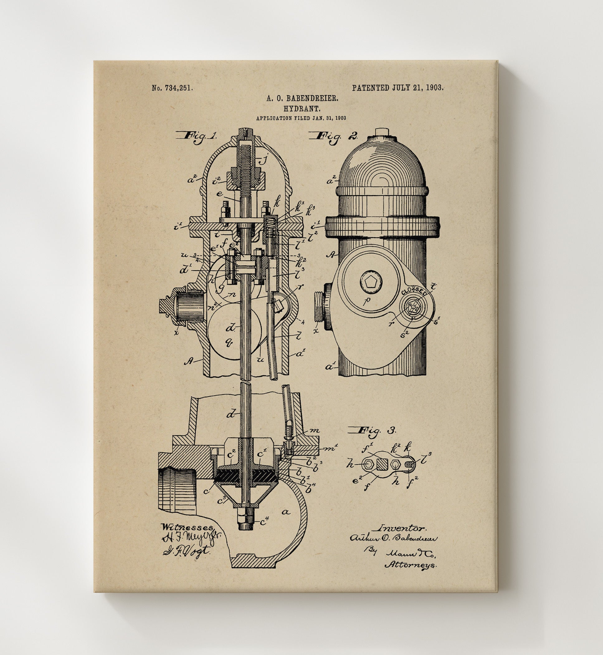 Patent Print - Hydrant - A. O. Babendreier - 1903 - Patent 734251 Patent Wall Art