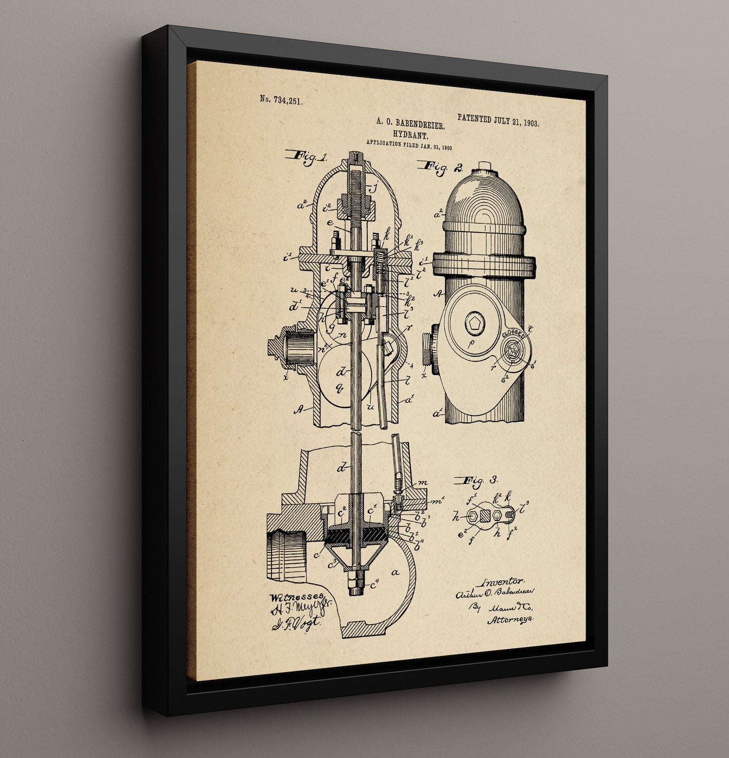 Patent Print - Hydrant - A. O. Babendreier - 1903 - Patent 734251 Patent Wall Art