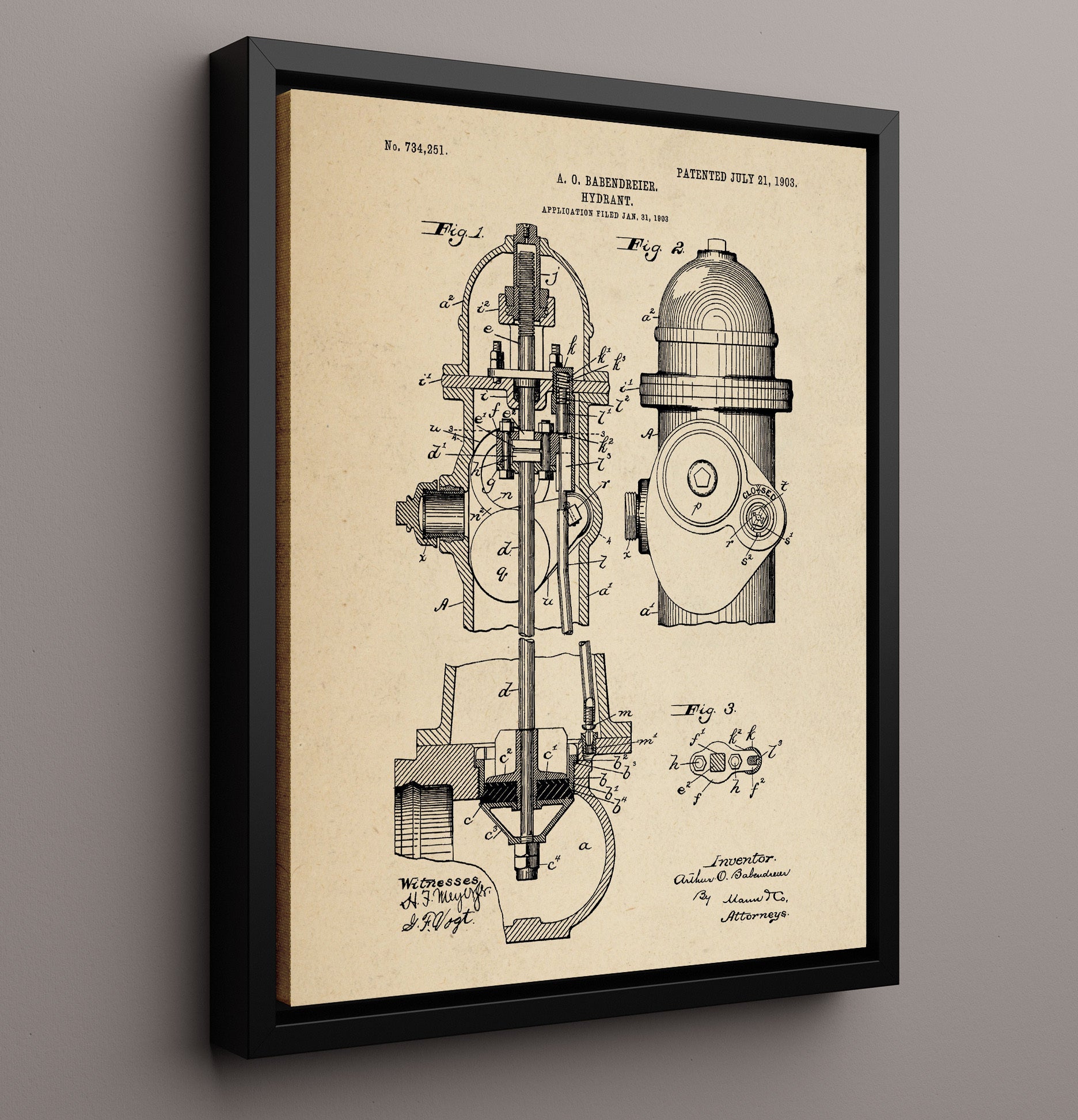 Patent Print - Hydrant - A. O. Babendreier - 1903 - Patent 734251 Patent Wall Art