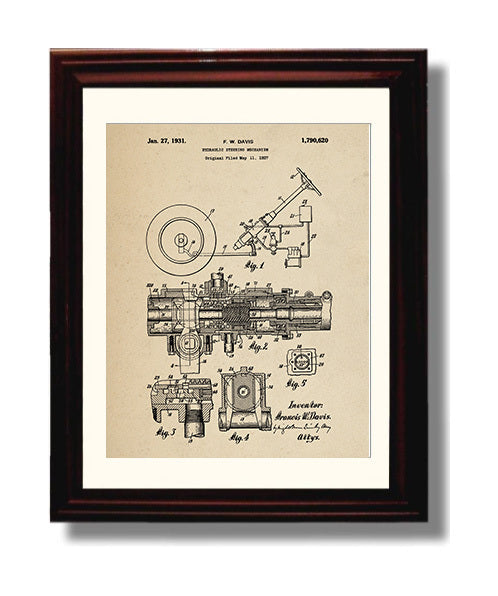 Patent Print - Hydraulic Steering Mechanism - Francis W Davis - 1931 - Patent 1790620 Patent Wall Art