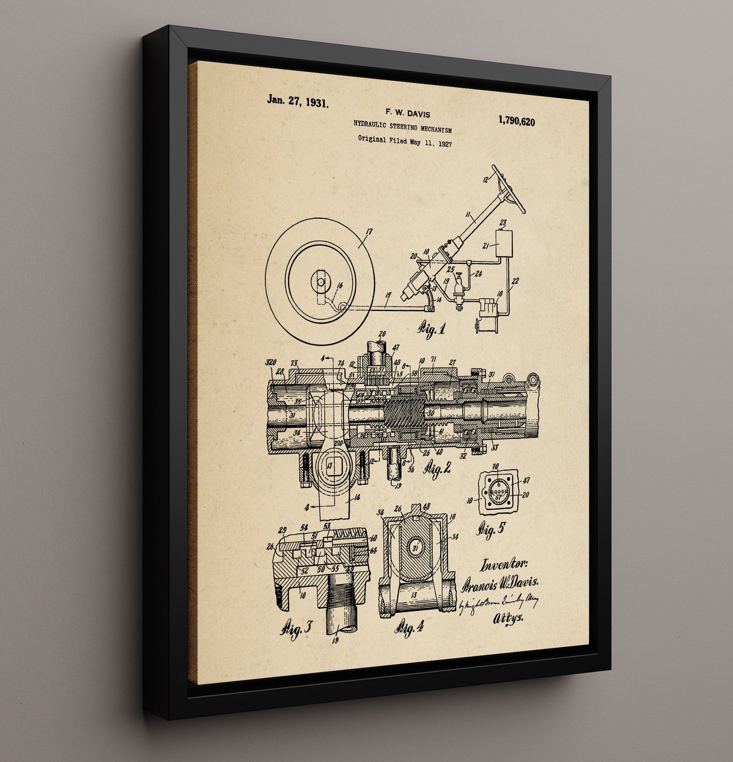 Patent Print - Hydraulic Steering Mechanism - Francis W Davis - 1931 - Patent 1790620 Patent Wall Art