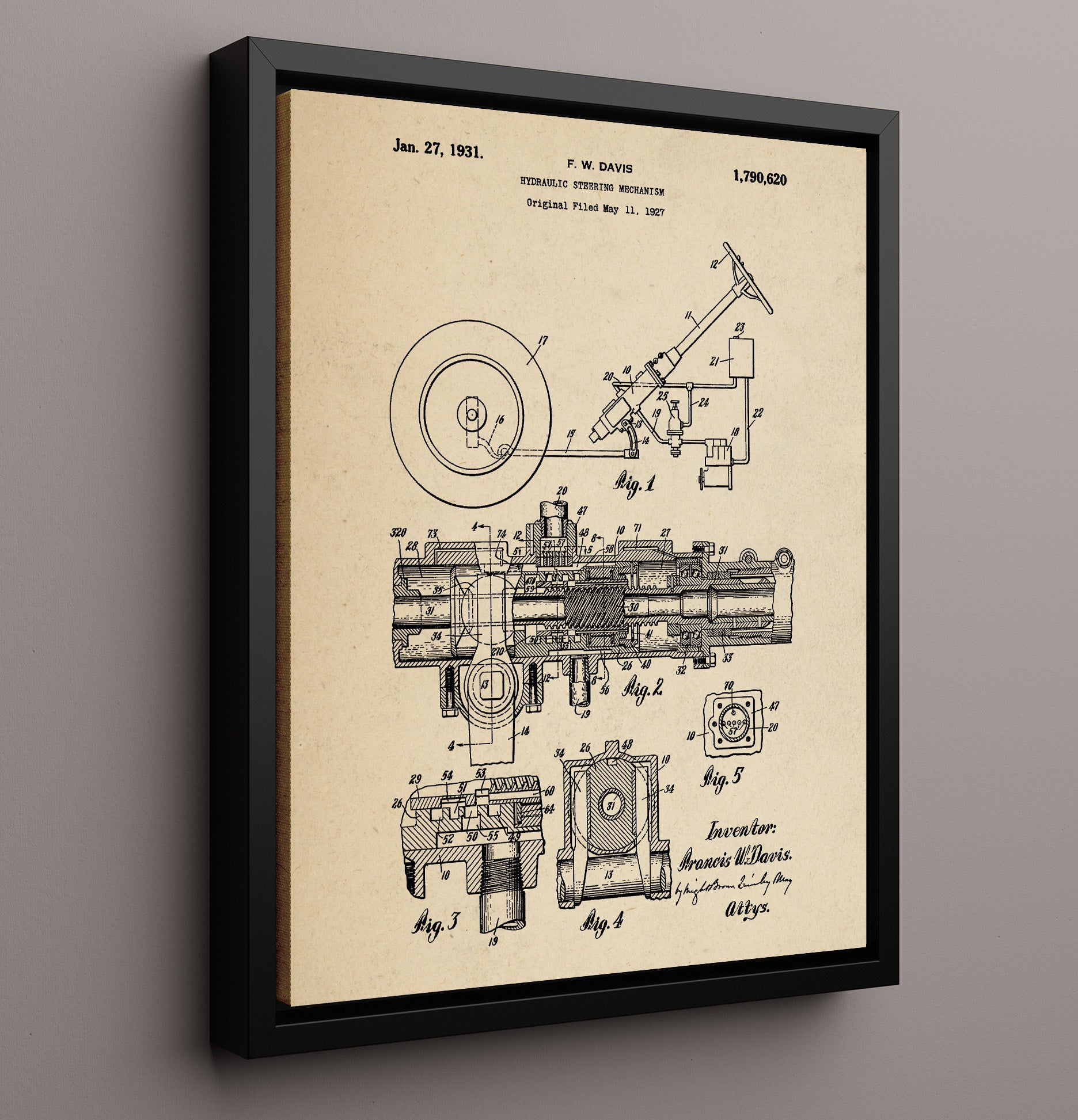 Patent Print - Hydraulic Steering Mechanism - Francis W Davis - 1931 - Patent 1790620 Patent Wall Art