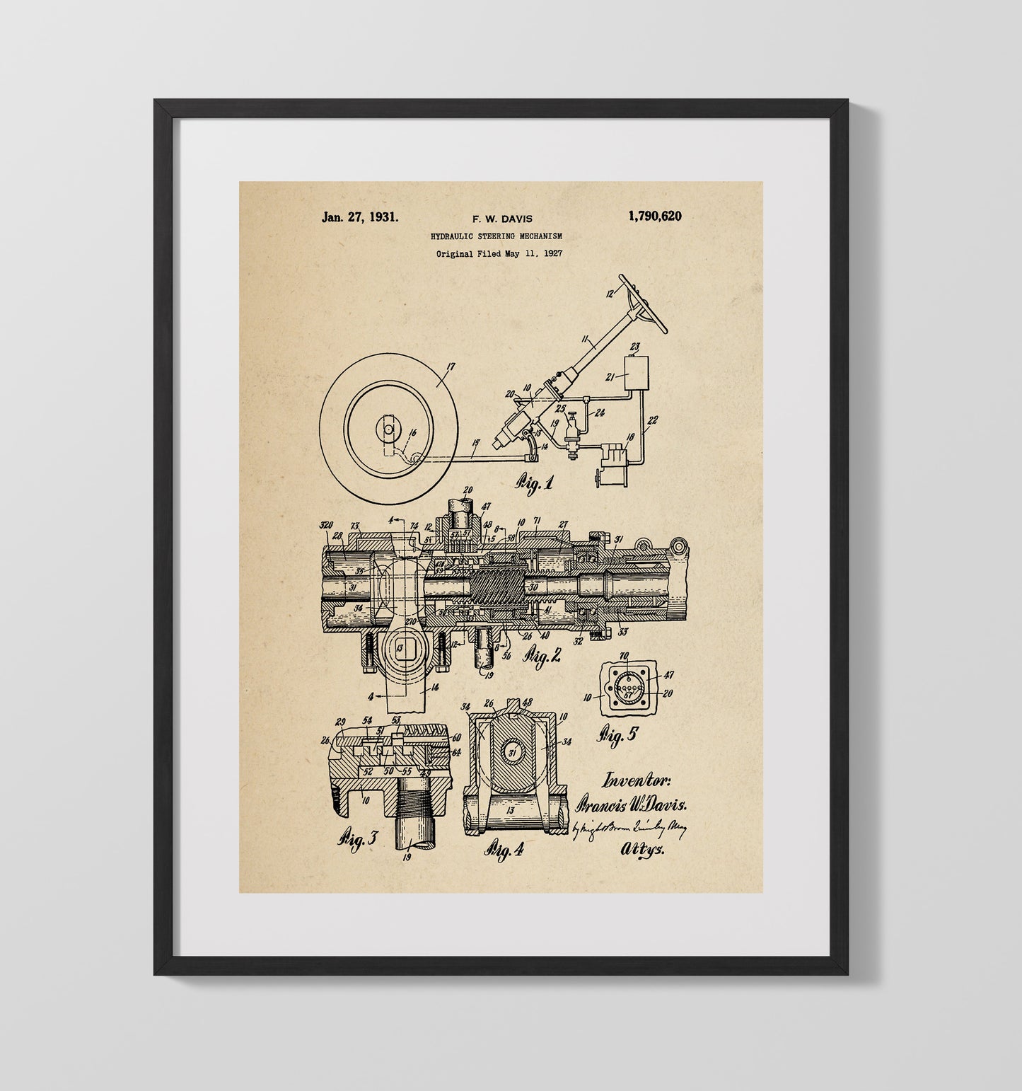 Patent Print - Hydraulic Steering Mechanism - Francis W Davis - 1931 - Patent 1790620 Patent Wall Art