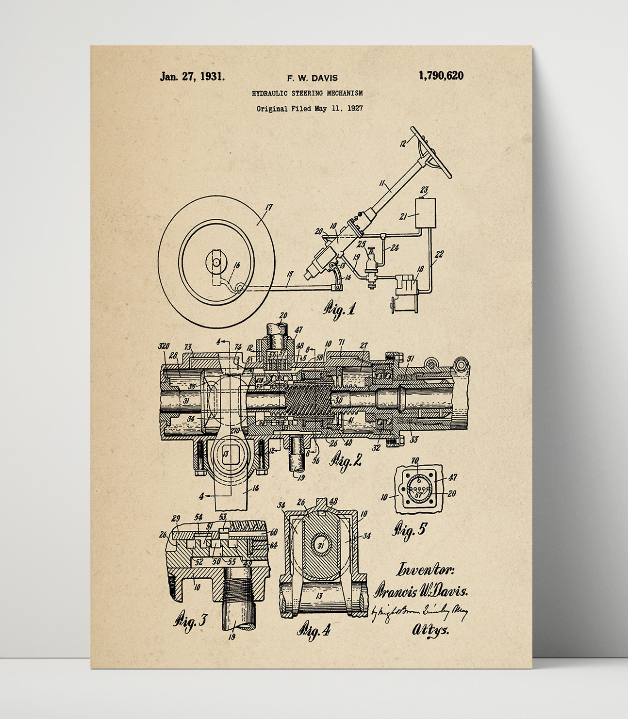 Patent Print - Hydraulic Steering Mechanism - Francis W Davis - 1931 - Patent 1790620 Patent Wall Art