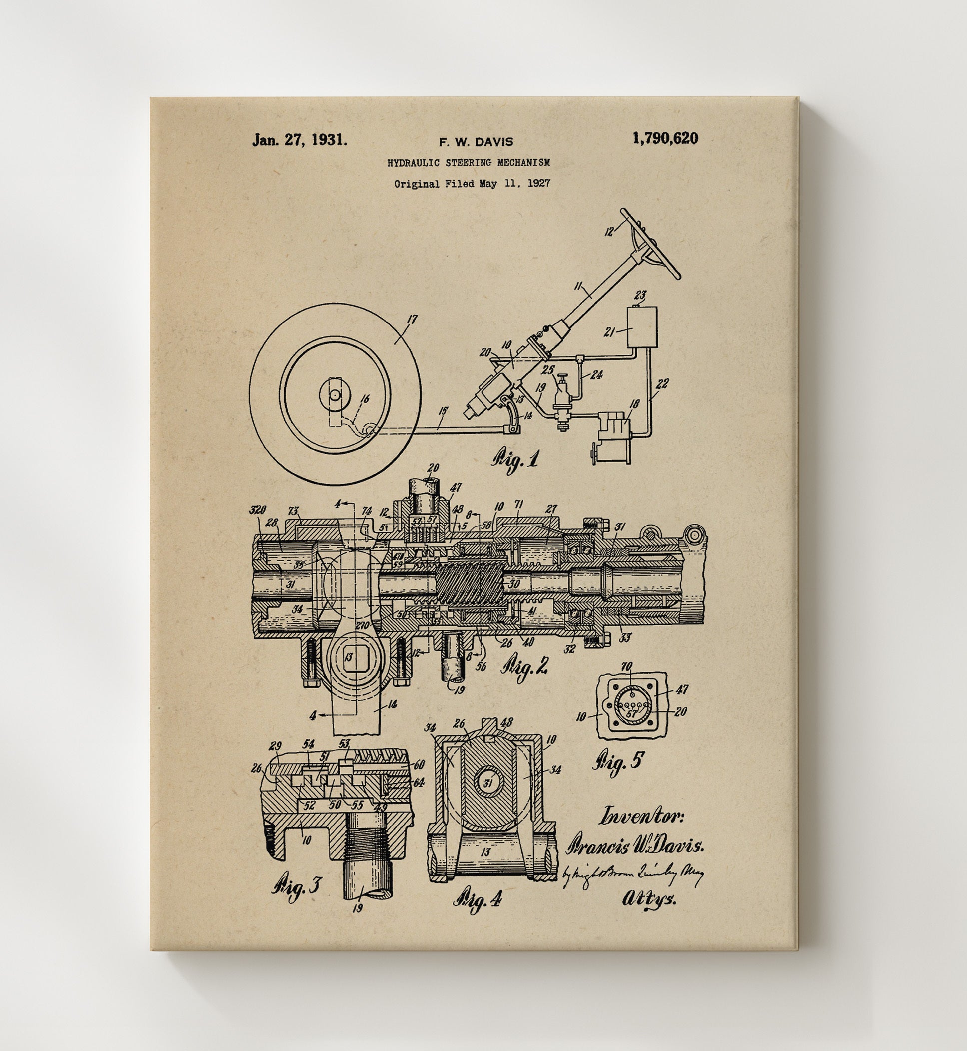Patent Print - Hydraulic Steering Mechanism - Francis W Davis - 1931 - Patent 1790620 Patent Wall Art