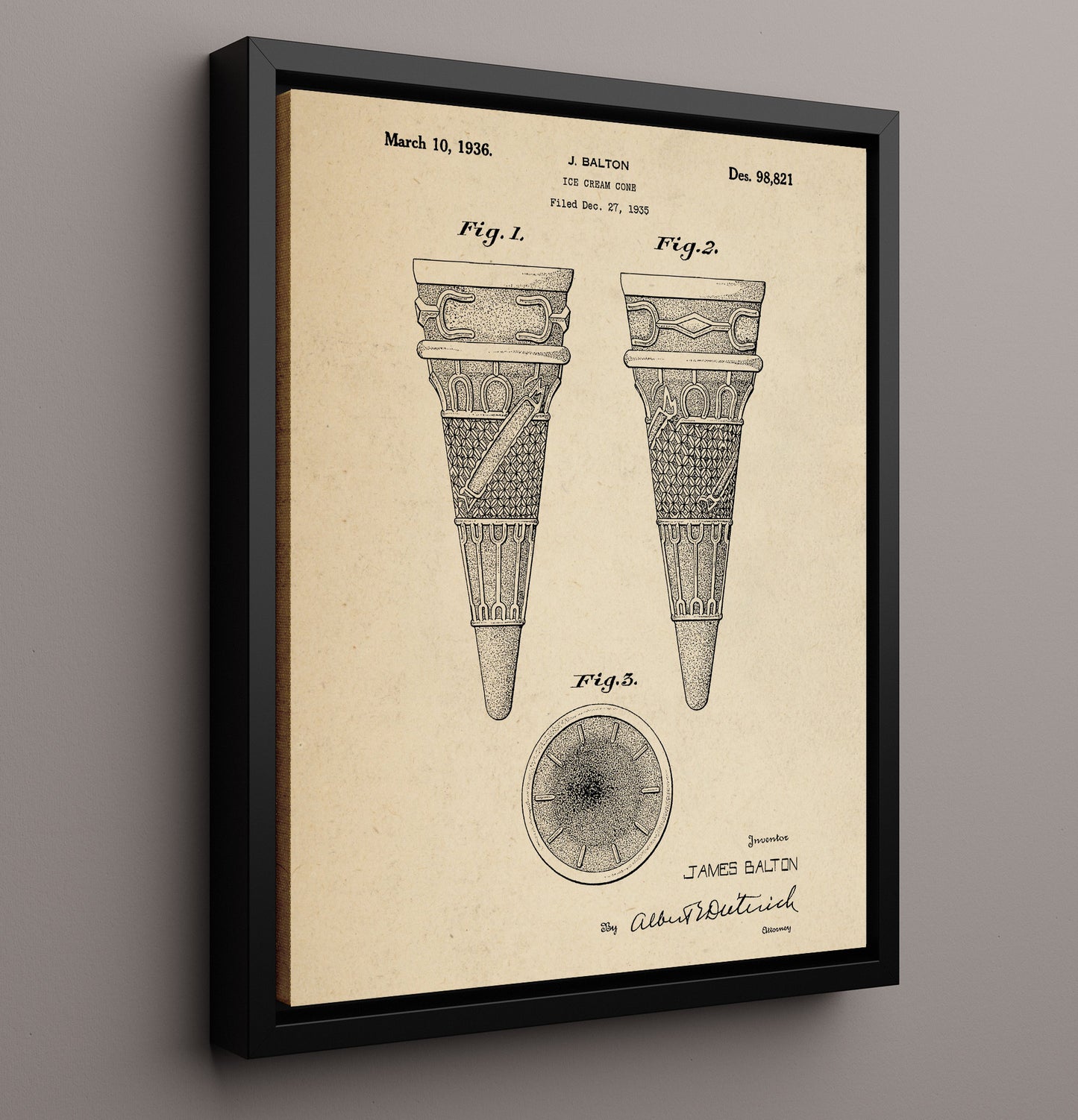 Patent Print - Ice Cream Cone - J. Balton - 1936 - Patent D98821 Patent Wall Art