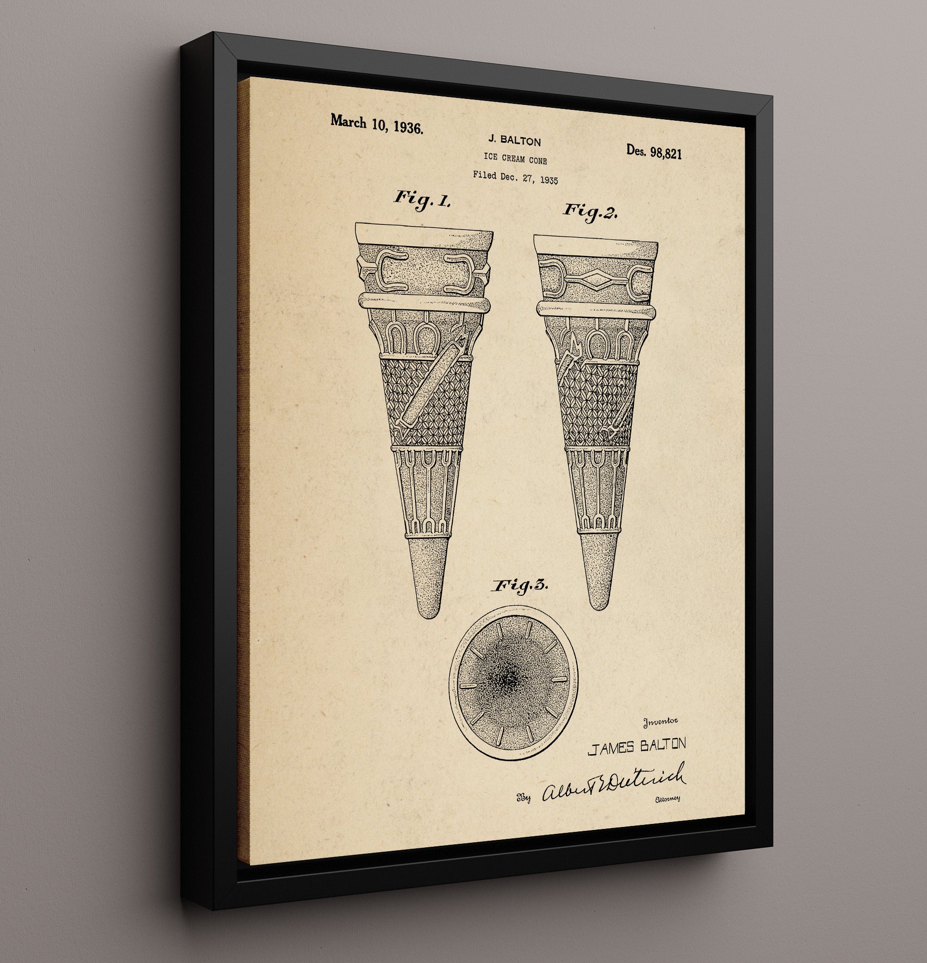 Patent Print - Ice Cream Cone - J. Balton - 1936 - Patent D98821 Patent Wall Art
