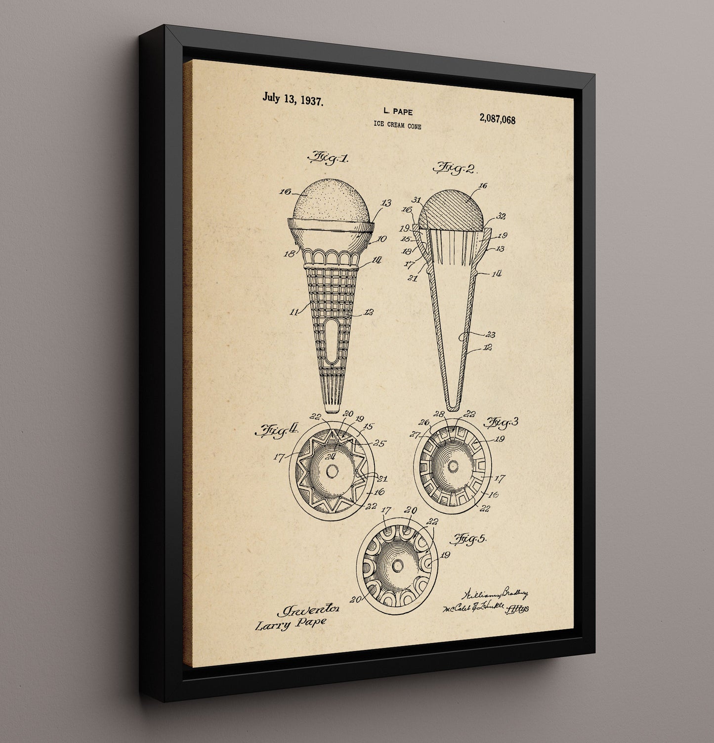 Patent Print - Ice Cream Cone - L. Pape - 1937 - Patent 2087068 Patent Wall Art