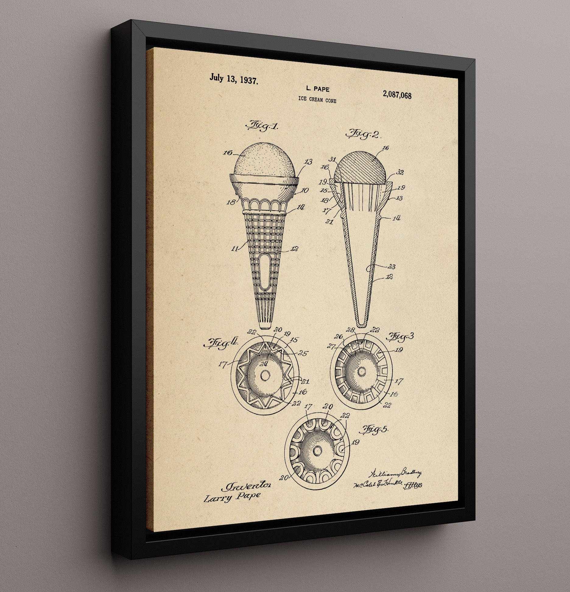 Patent Print - Ice Cream Cone - L. Pape - 1937 - Patent 2087068 Patent Wall Art