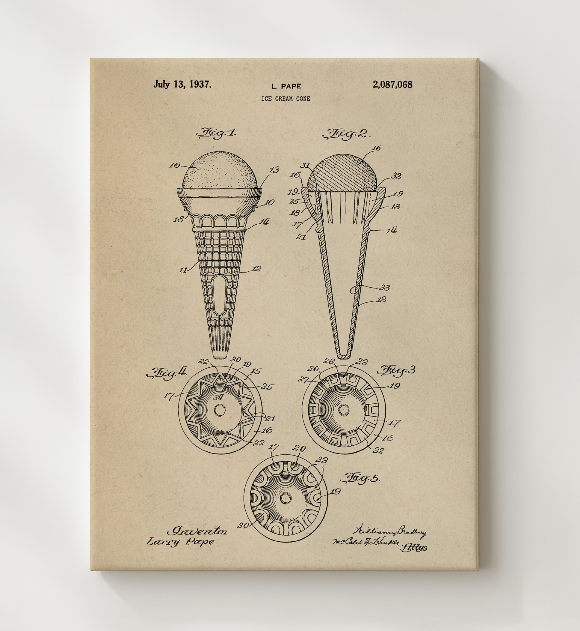 Patent Print - Ice Cream Cone - L. Pape - 1937 - Patent 2087068 Patent Wall Art
