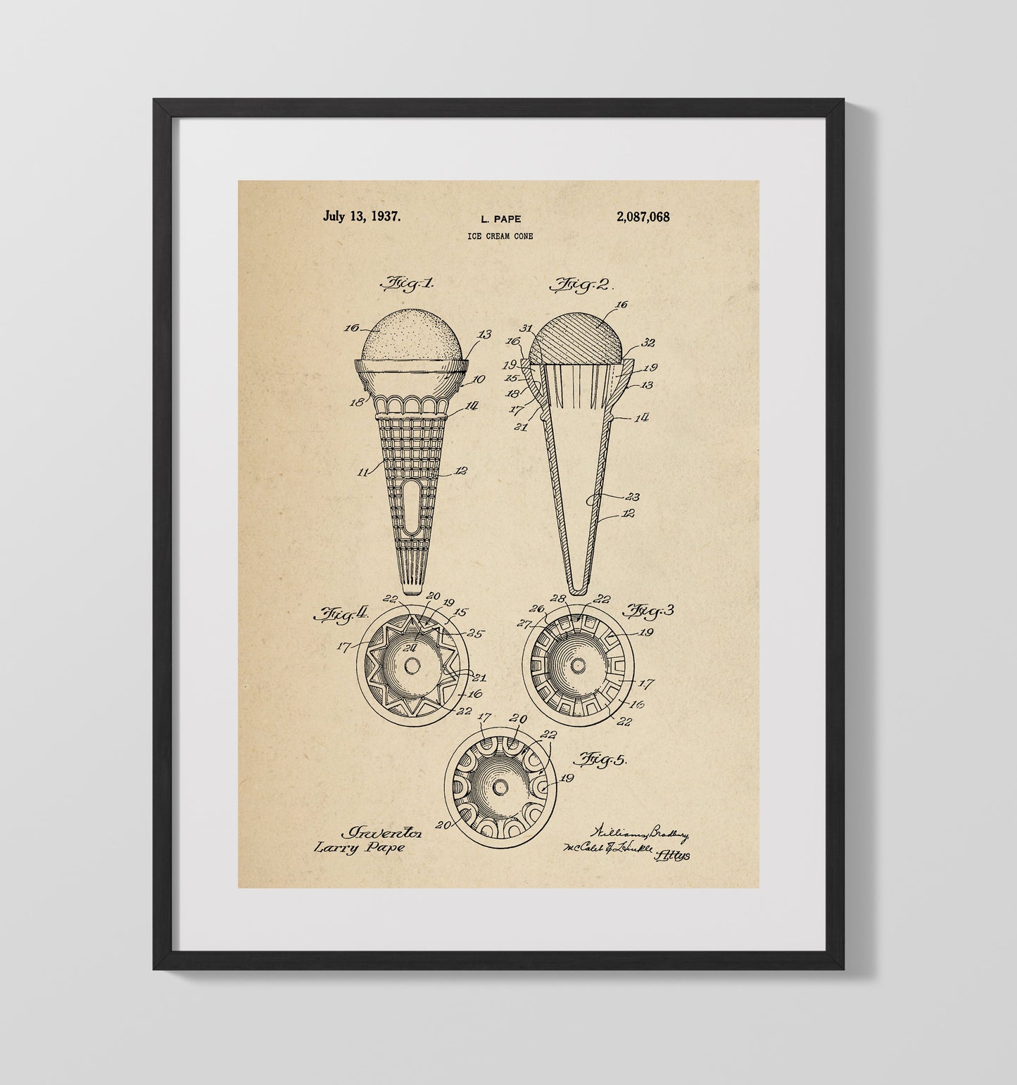 Patent Print - Ice Cream Cone - L. Pape - 1937 - Patent 2087068 Patent Wall Art