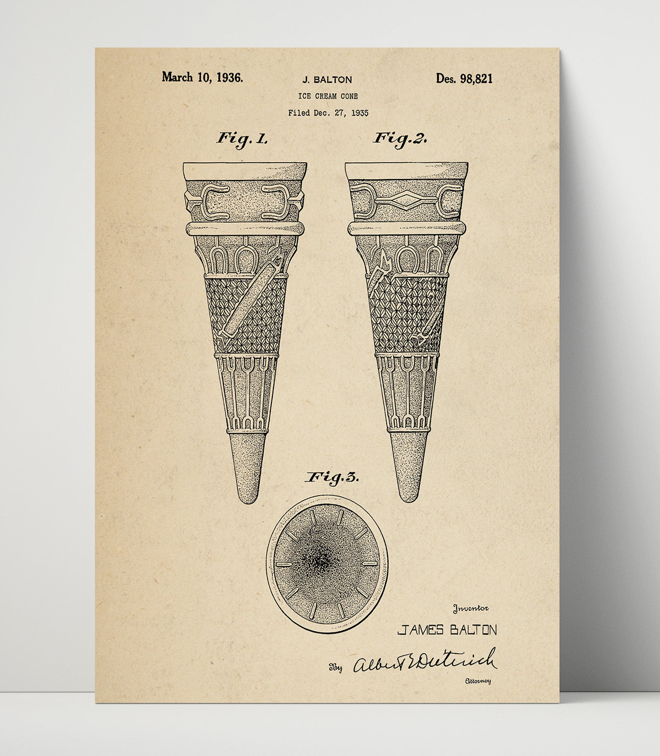 Patent Print - Ice Cream Cone Design - J. Balton - 1936 - Patent D98821 Patent Wall Art