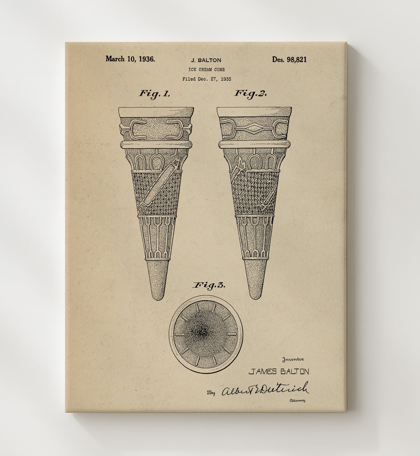 Patent Print - Ice Cream Cone Design - J. Balton - 1936 - Patent D98821 Patent Wall Art